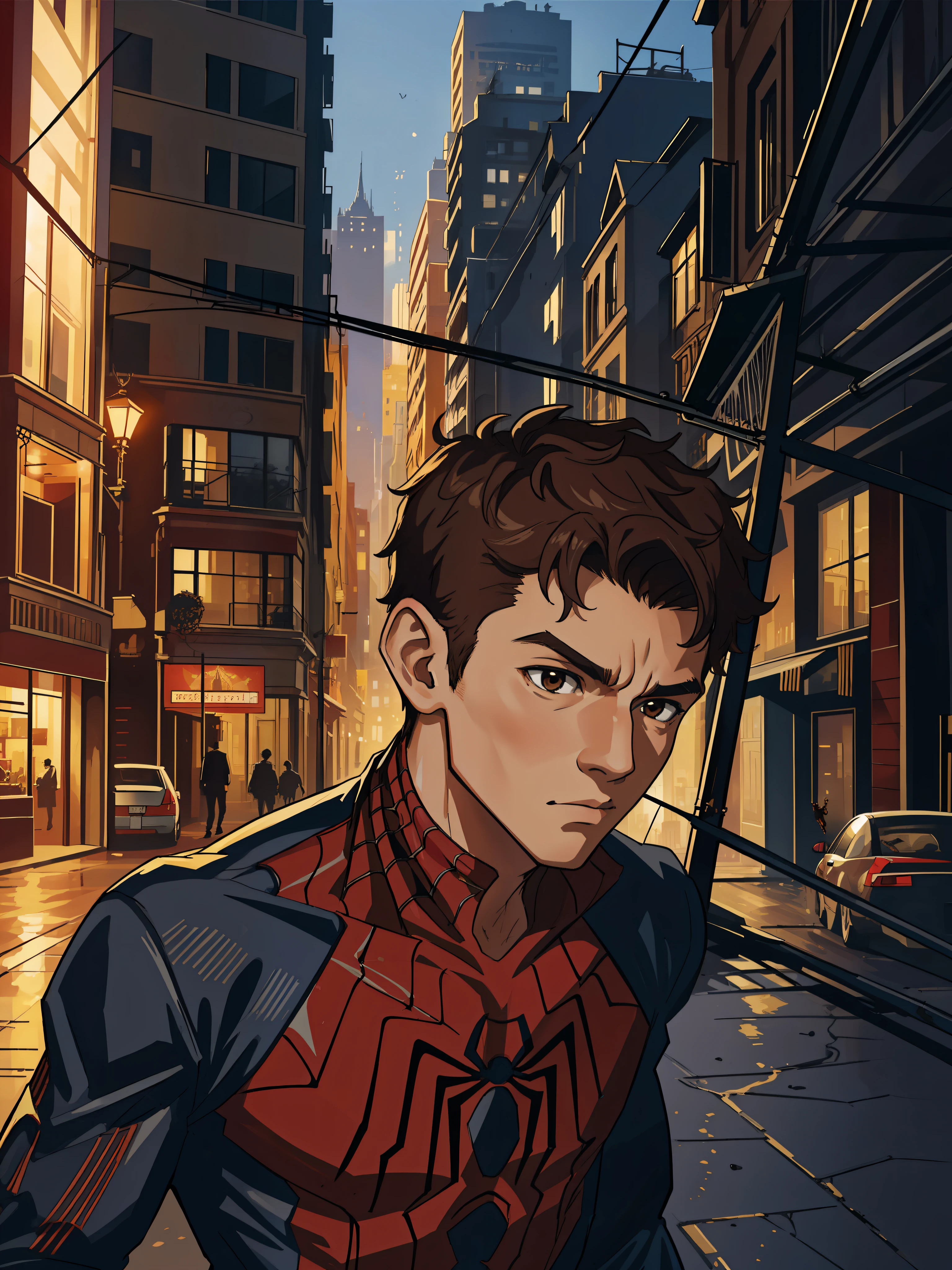 (masterpiece, best quality), intricate details, 8k, artstation, wallpaper, official art, splash art, sharp focus,
1boy, curly, short hair, brown eyes,
 spider suit, spider web printing, spider web, no mask
skyscrapers, city, buildings, cars, street,