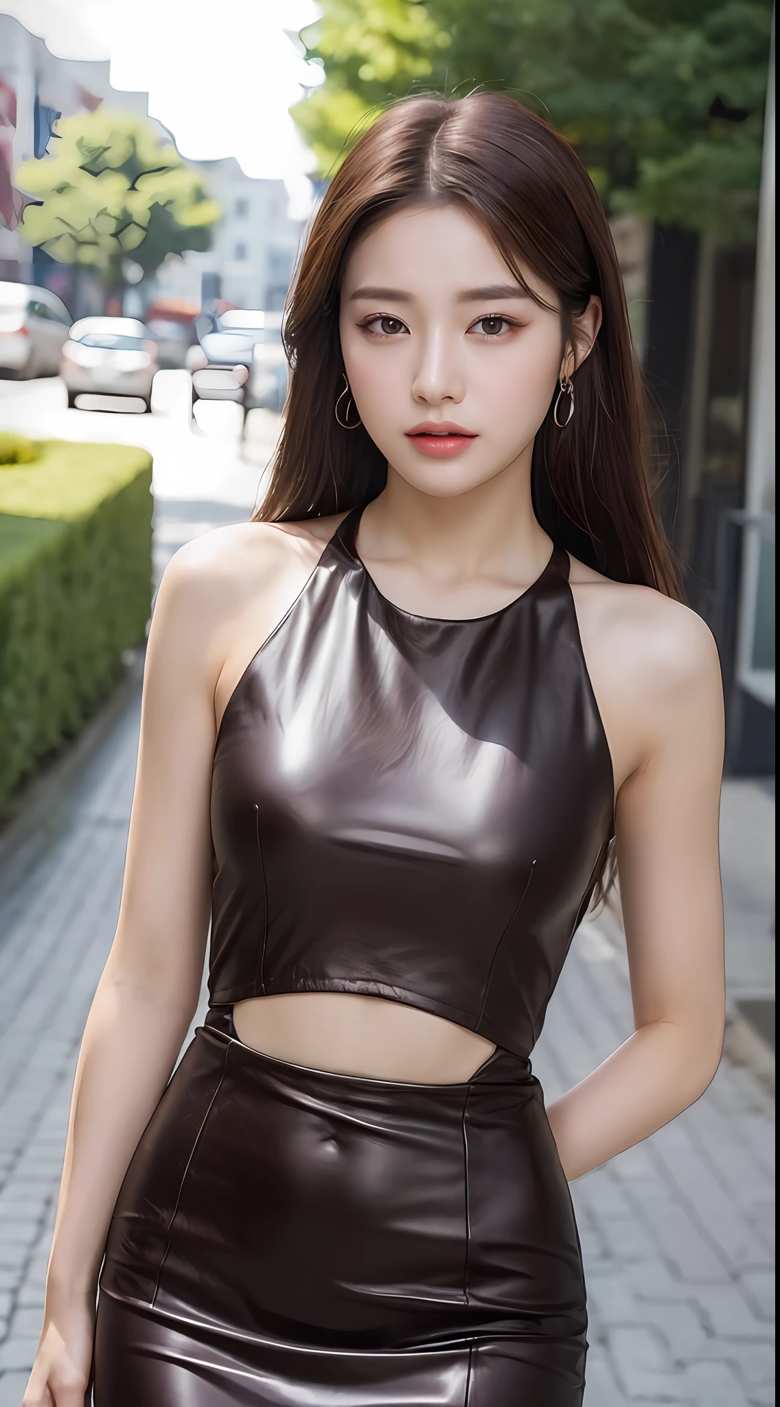 ((Realistic Lighting, Best Quality, 8K, Masterpiece: 1.3)), Clear Focus: 1.2, 1 Girl, Perfect Body Beauty: 1.4, Slim Abs: 1.1, ((Dark Brown Hair, Normal: 1.1)), (Accent Dress: 1.4), (Outdoor, Night: 1.1), City Street, Super Fine Face, Fine Eyes, Double Eyelids