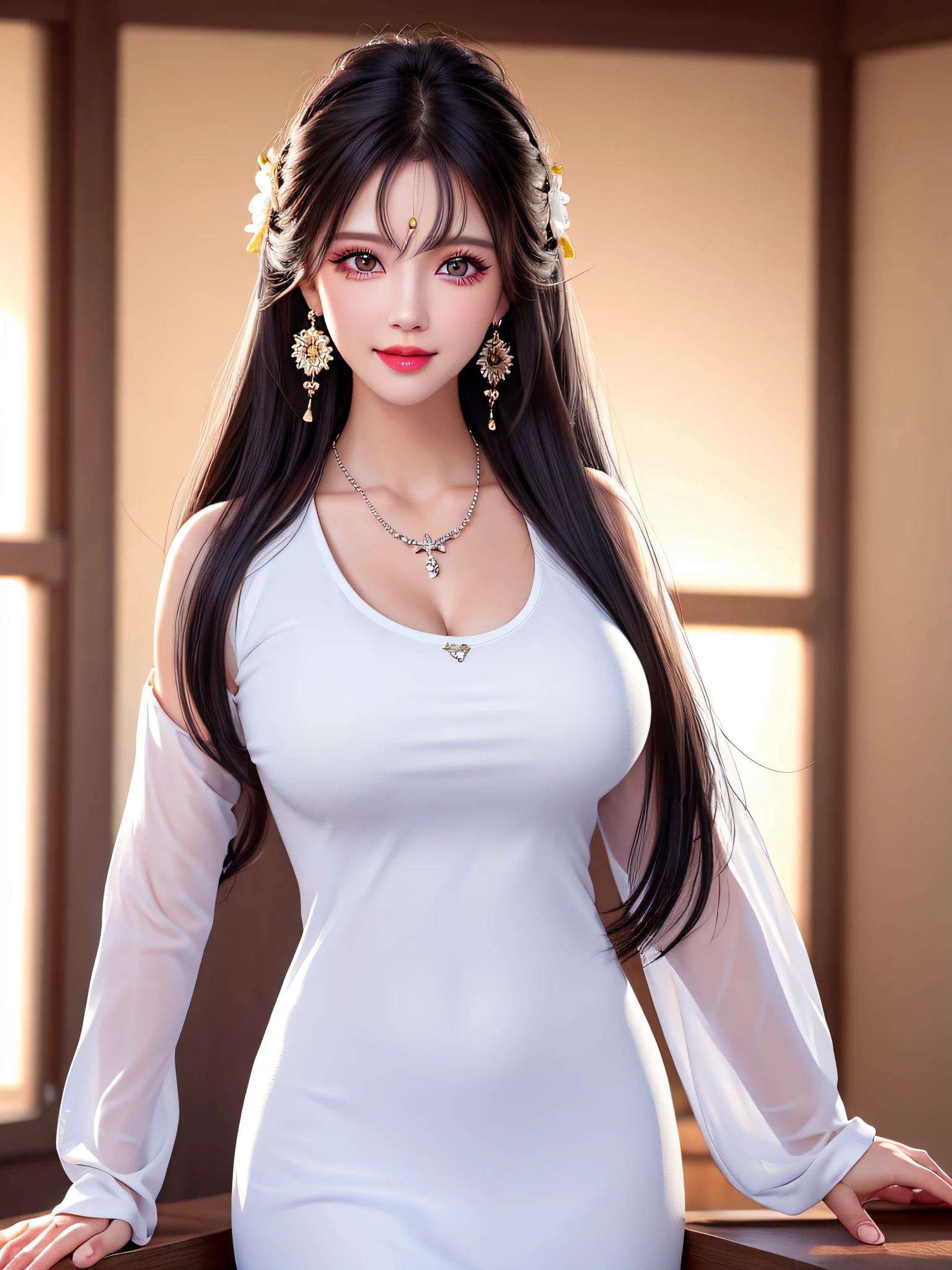 Female teacher standing in the classroom v6, necklace, earrings, full body v6, long white hair, translucent clothes, visible, superb, ultra-high-definition, RAW photo, realism: 1.25), (bright lip gloss, long eyelashes, smooth face, light skin, natural shadows, wide light, wide light, depth of field, strong colors, subtle caustics: 0.8), smile, (big tits), v6