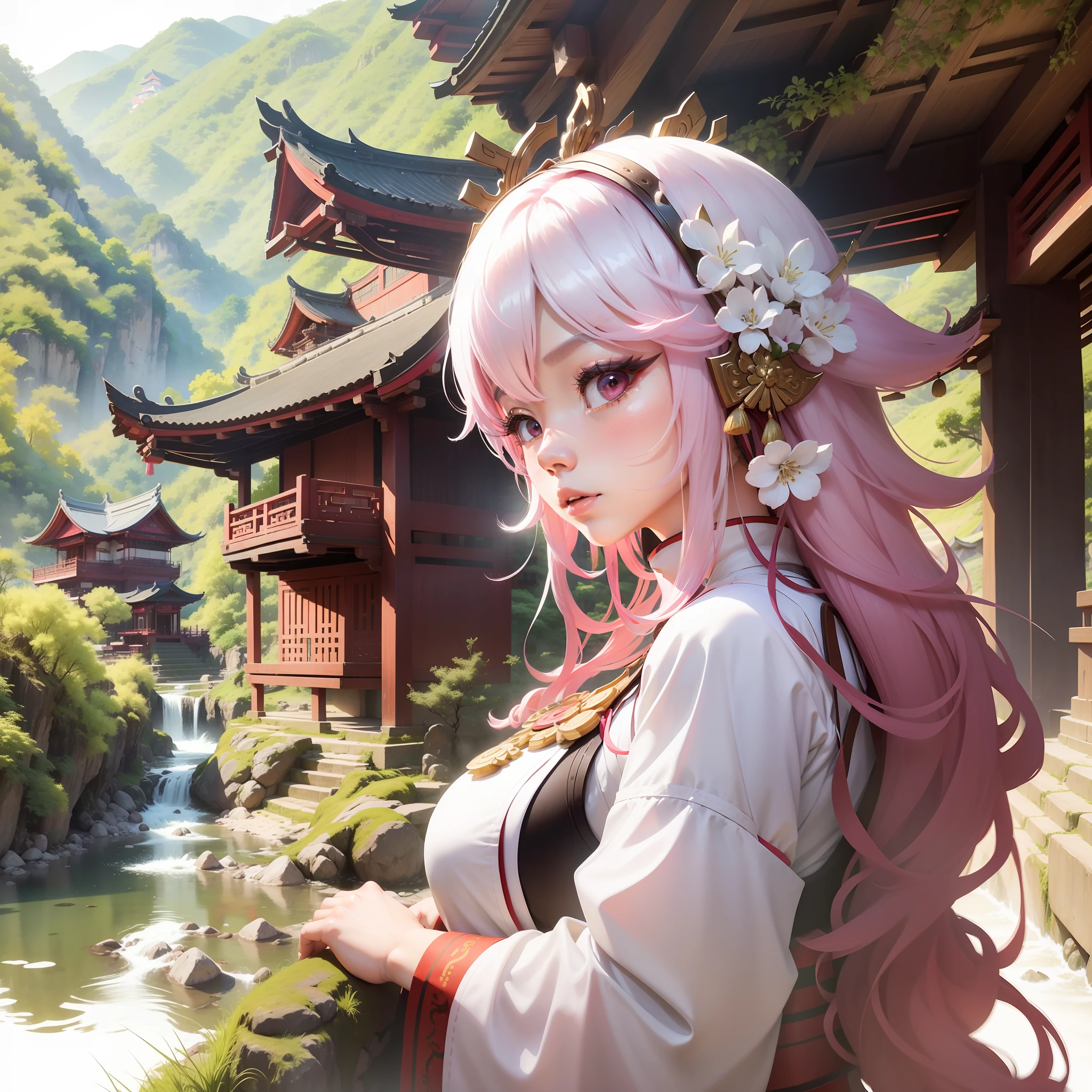 1girl , yae miko, pink hair, (Ultra wide-angle lens), (Best masterpiece), 8K, An ancient Chinese town nestled in mountains and hills, with lush trees, verdant leaves, murmuring streams. The visuals are exquisite and beautiful, brimming with sunshine.(white background:1.5),white background,outside border,