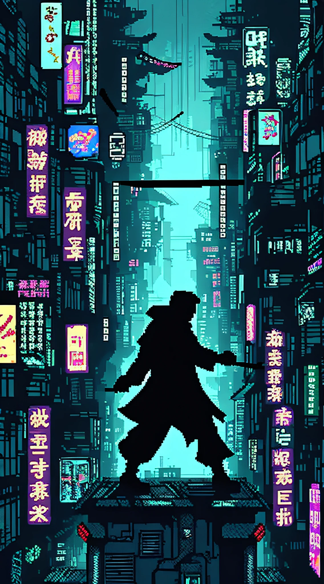 pixel art, black shadow of a Ninja holding a sword, cyberpunk cityscape, masterpiece, best quality, blade runner, 8bit style, dark night, neon, ninja gaiden, katana zero,