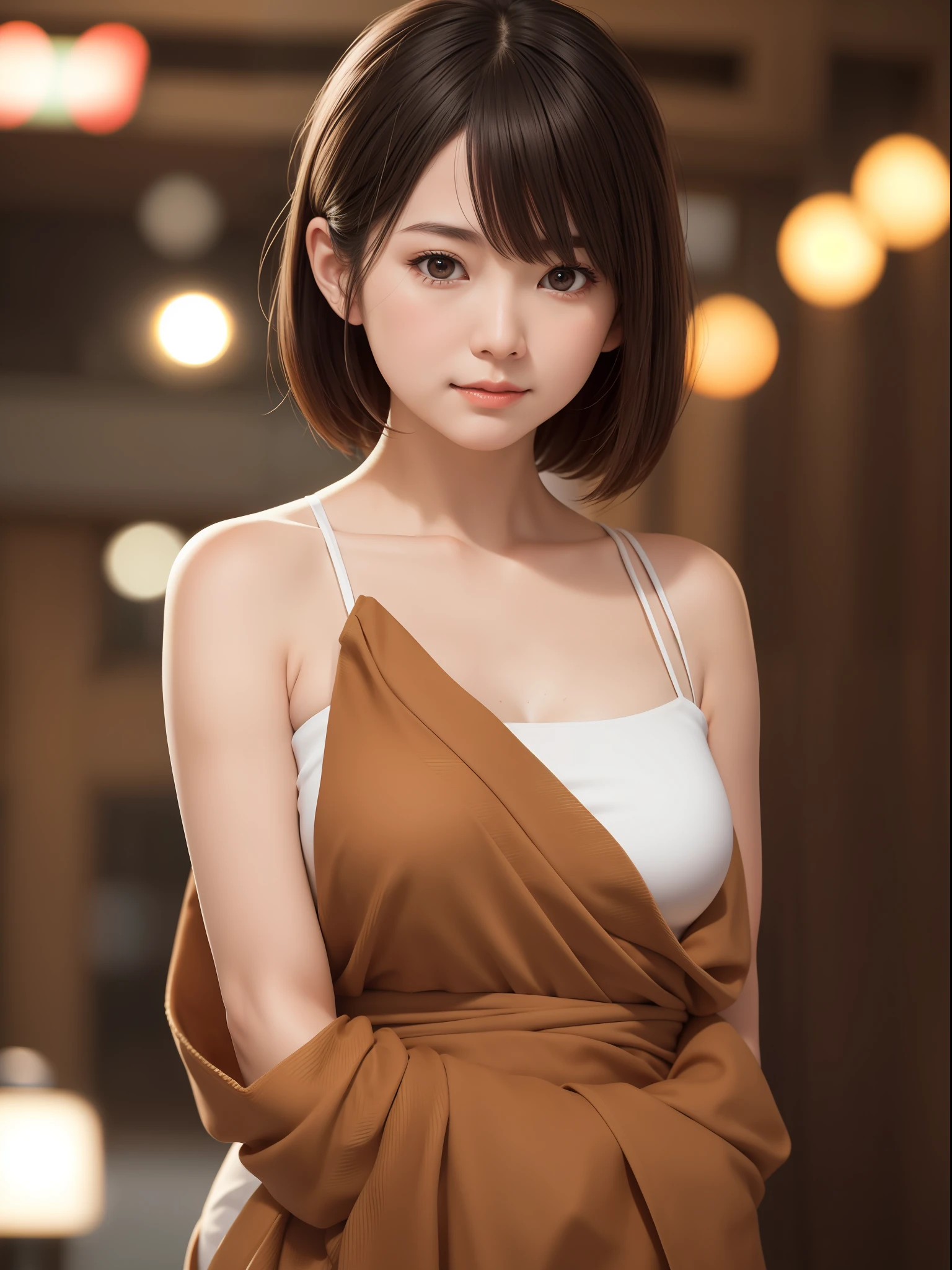 wrapped in a brown towel,woman,japanese,bare shoulders,black eyes,realistic details, high resolution,bokeh,outstanding details