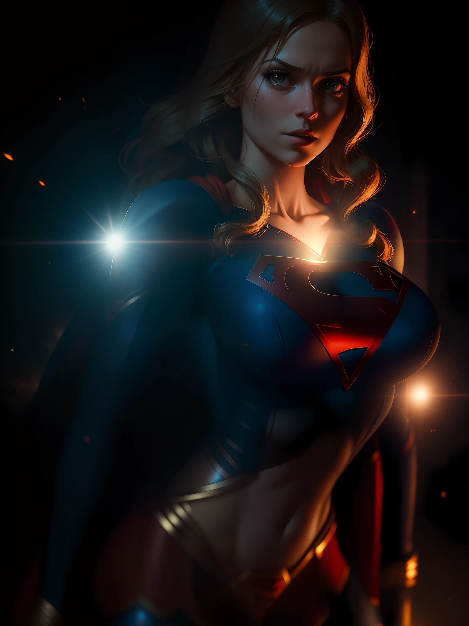 Scene from the movie, close-up shot of Sexy Supergirl from DC, big breasts, distorted space, distorted undead in the background, lens flares, light shafts, intricate details, highly detailed, volumetric lighting, 4k rendering, stock photo, hyper-realistic, realistic textures, dramatic lighting, Unreal Engine