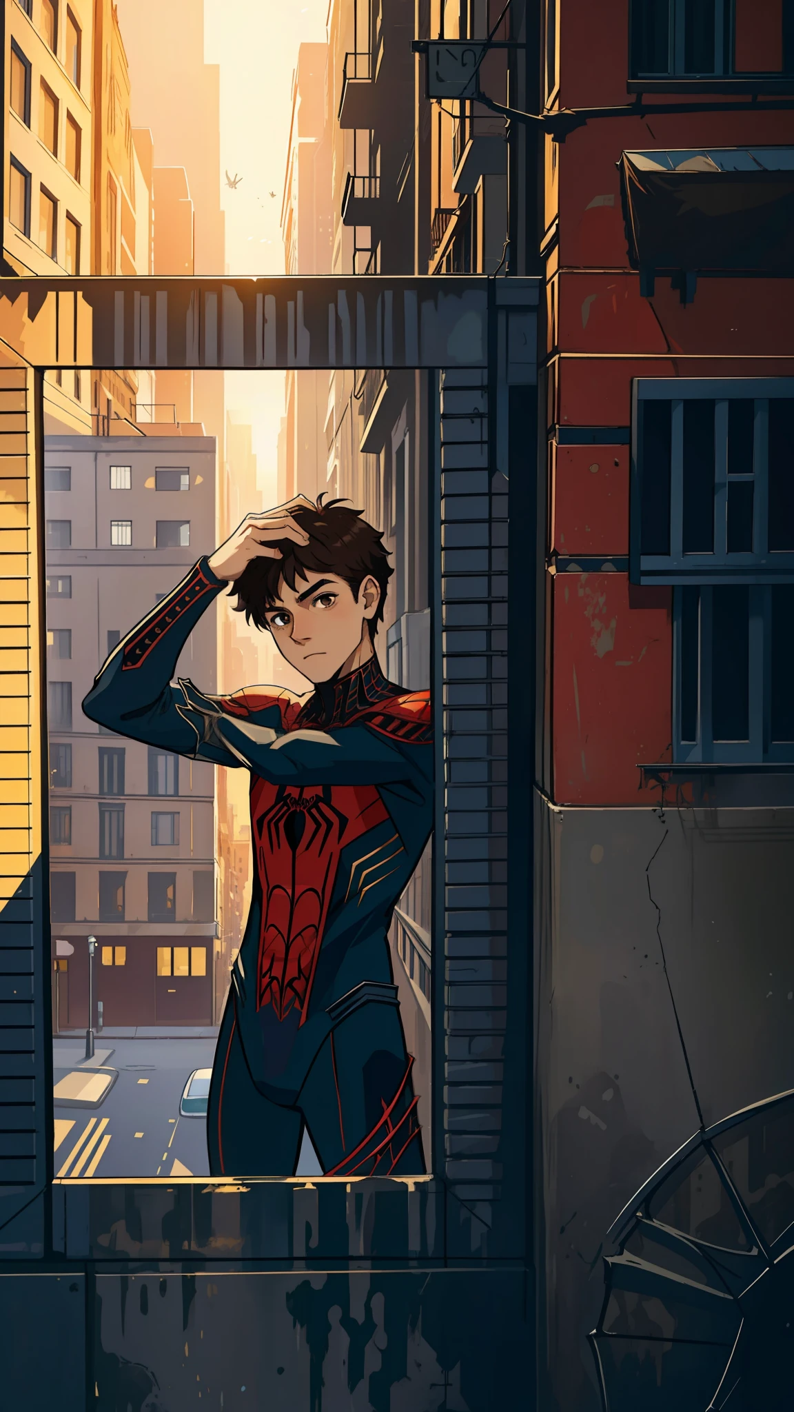 (masterpiece, best quality), intricate details, 8k, artstation, wallpaper, official art, splash art, sharp focus,
1Boy, healed, short hair, brown eyes 
 spider suit, spider web printing, spider web, no mask 
skyscrapers, city, buildings, cars, street,