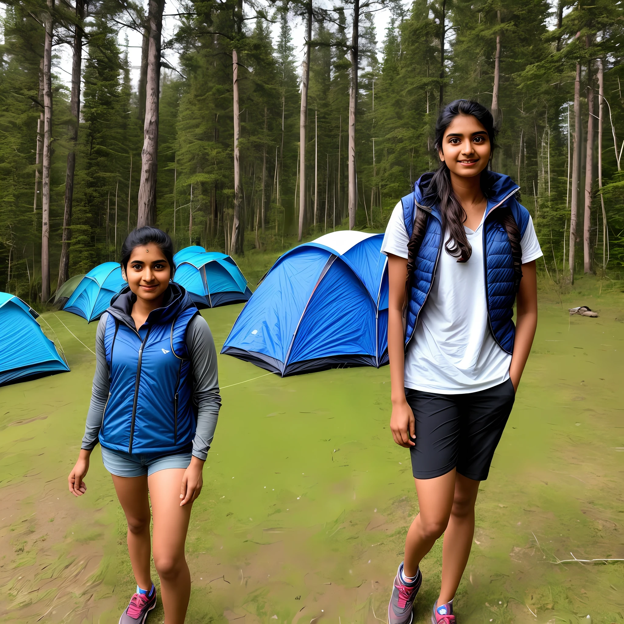 Indian young woman in a camping site, mountain summit, tanktop and jacket, group of people,8k uhd, digital SLR camera, soft light, high quality, film grain,high detail,UHD, masterpiece, accurate, anatomically correct, super detail, high quality, 16k, highres, award winning, ((full body shot)), tight abs, tall, near a lake