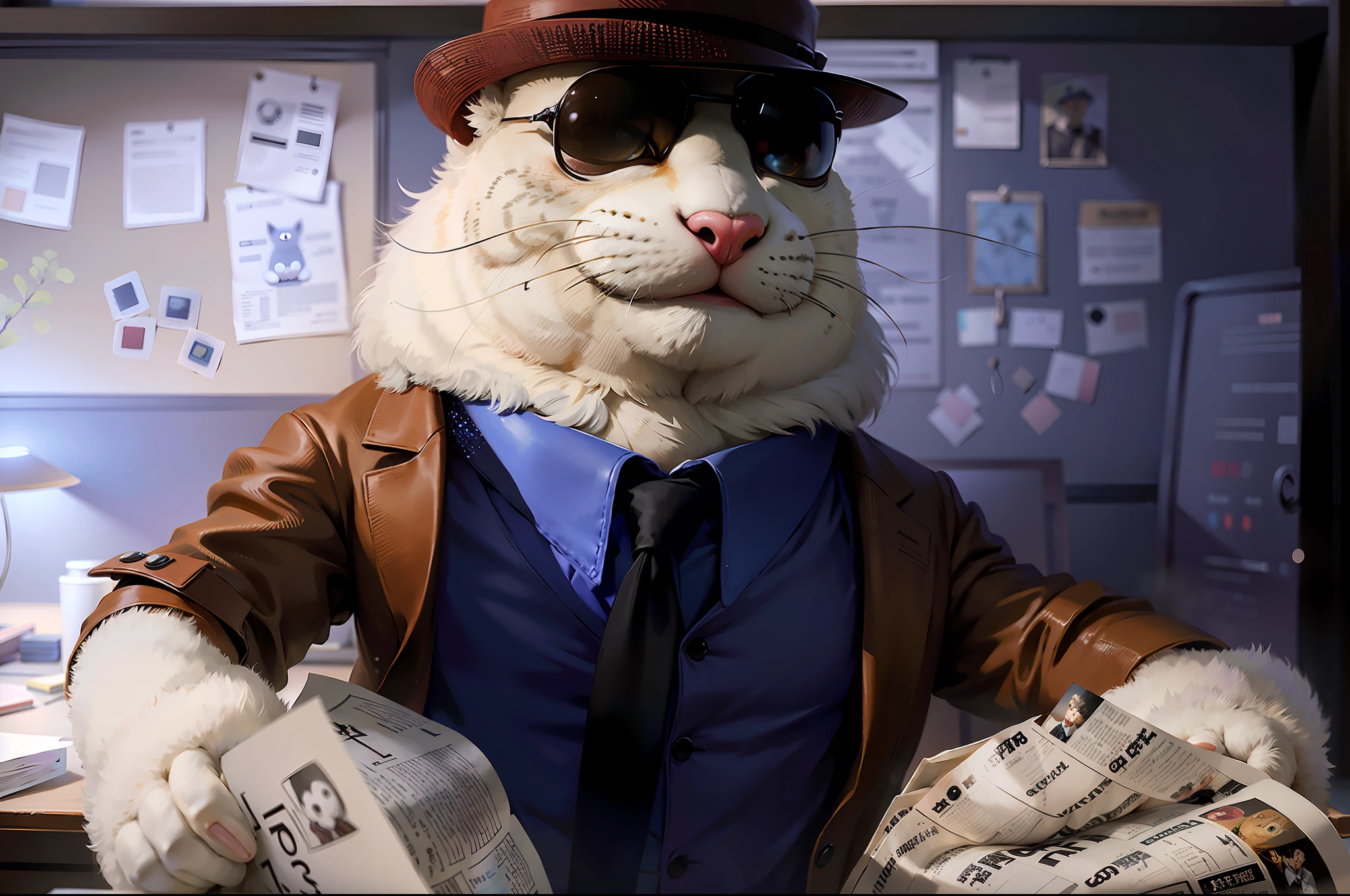 Arafed stuffed animal dressed in suit and tie holding a newspaper, an anthropomorphic gangster cat, anime style