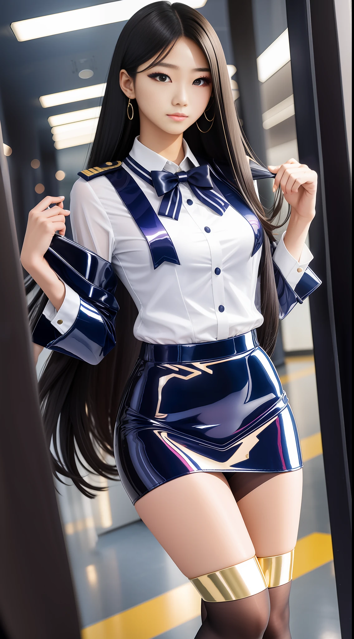 Please make a high-resolution photo.
model is a 15 years old high school student Korean transvestite twink
boy with long hair with so flat chest with very beautiful face with dark Ulzzang makeup
with a disdainful expression. Please make all people 5.3 feet tall and weighs 160pounds.
All people in same place.
Wearing thight mini skirt flight attendant uniform and must wear very transparent dark navy shiny pantyhose and metallic colour high heel pumps.
Please must wear shiny transparent dark-colour pantyhose on your legs properly so that you can't see your bare skin. Please must wear shiny metallic high heels on your feet.