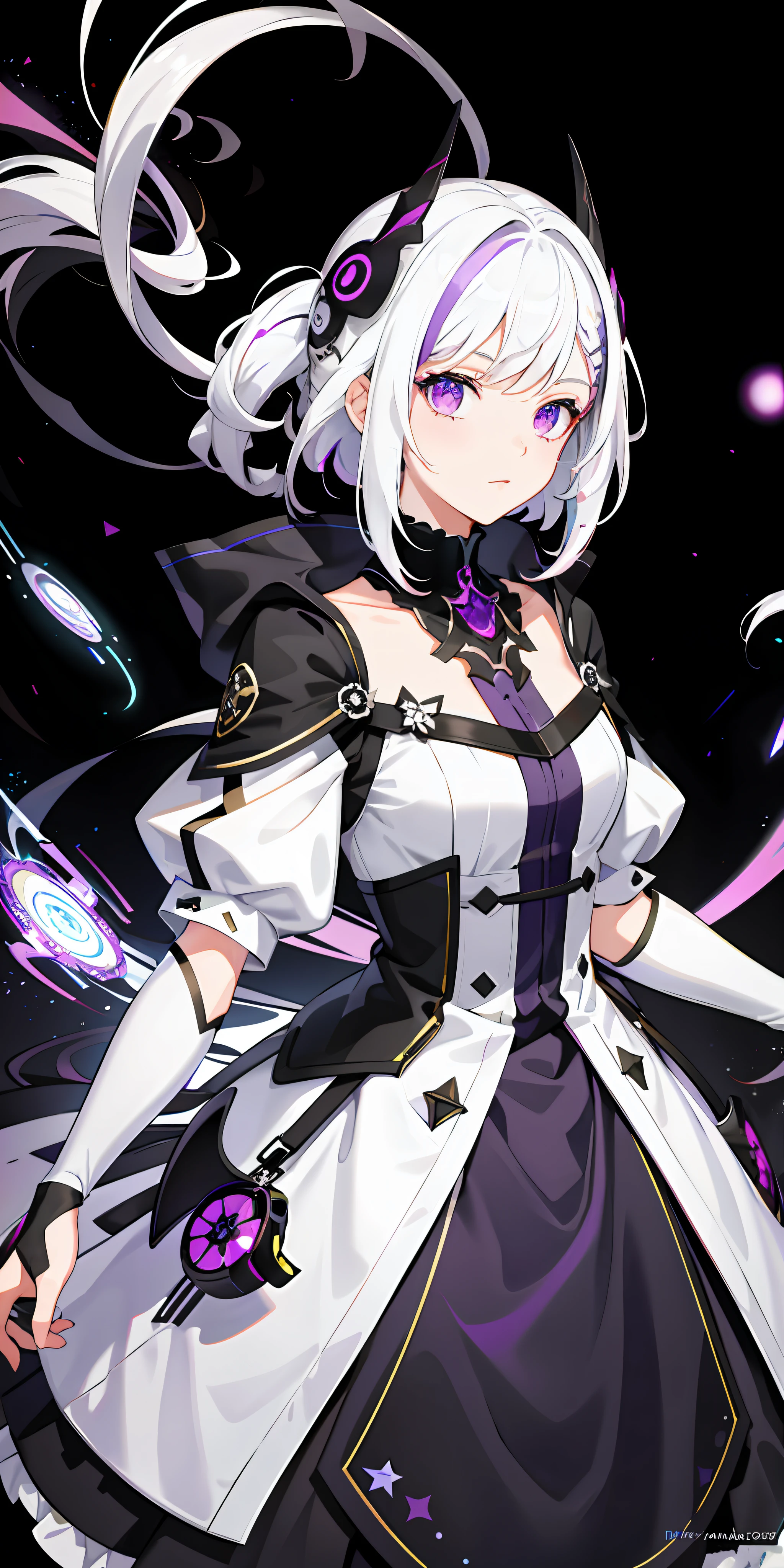 1girl, white hair, multicolored hair, purple eyes, mask on head, sidelighting, light particles, wallpaper,