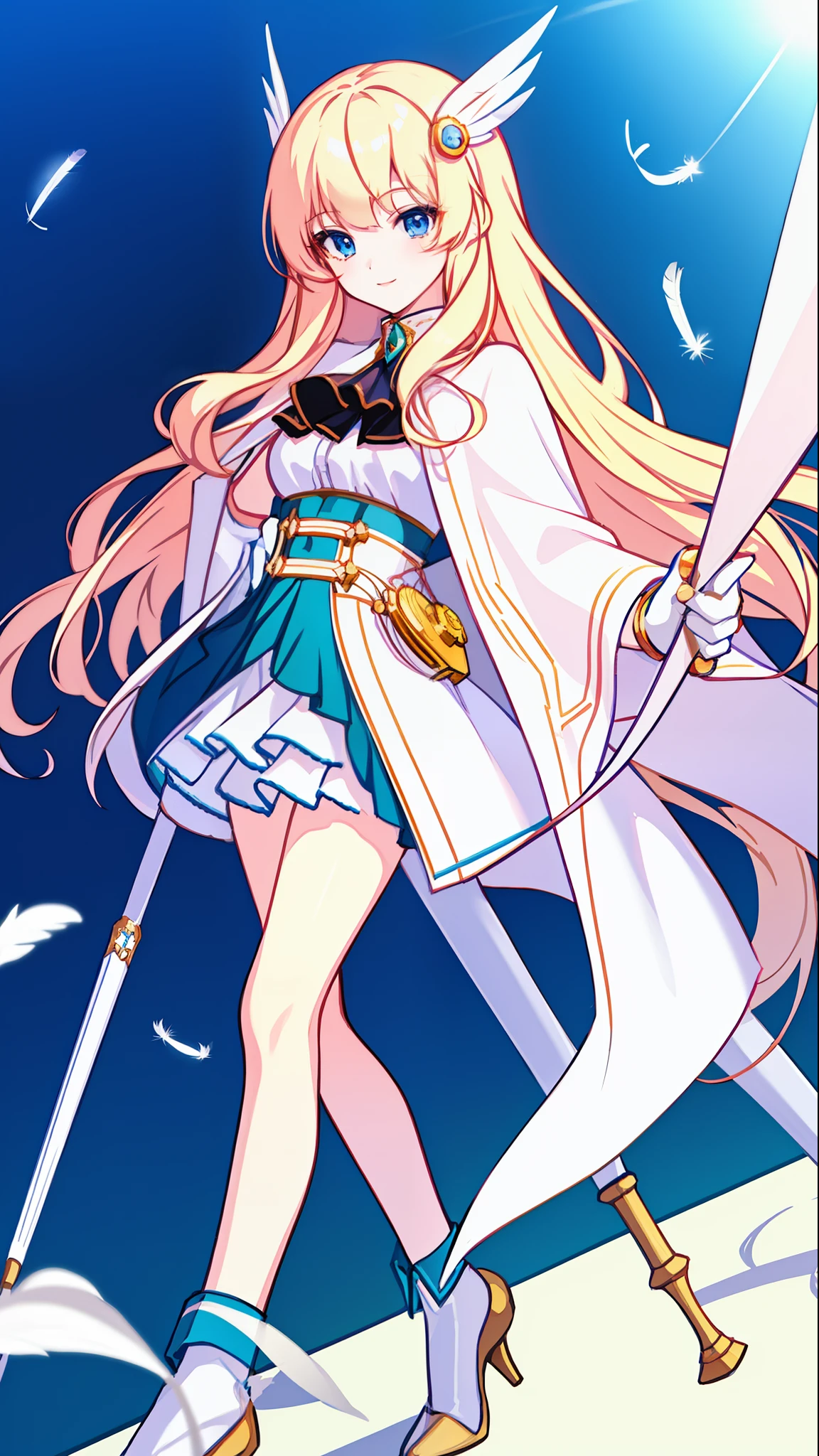 18 years old beautiful girl, masterpiece, top quality, 8K anime, 1 girl, detailed fingers, precise fingers, not unnatural hands, illustration, golden long hair, feather hair ornament, white cloak, white mini skirt with ruffles, white knee socks, white gloves, SAREN,