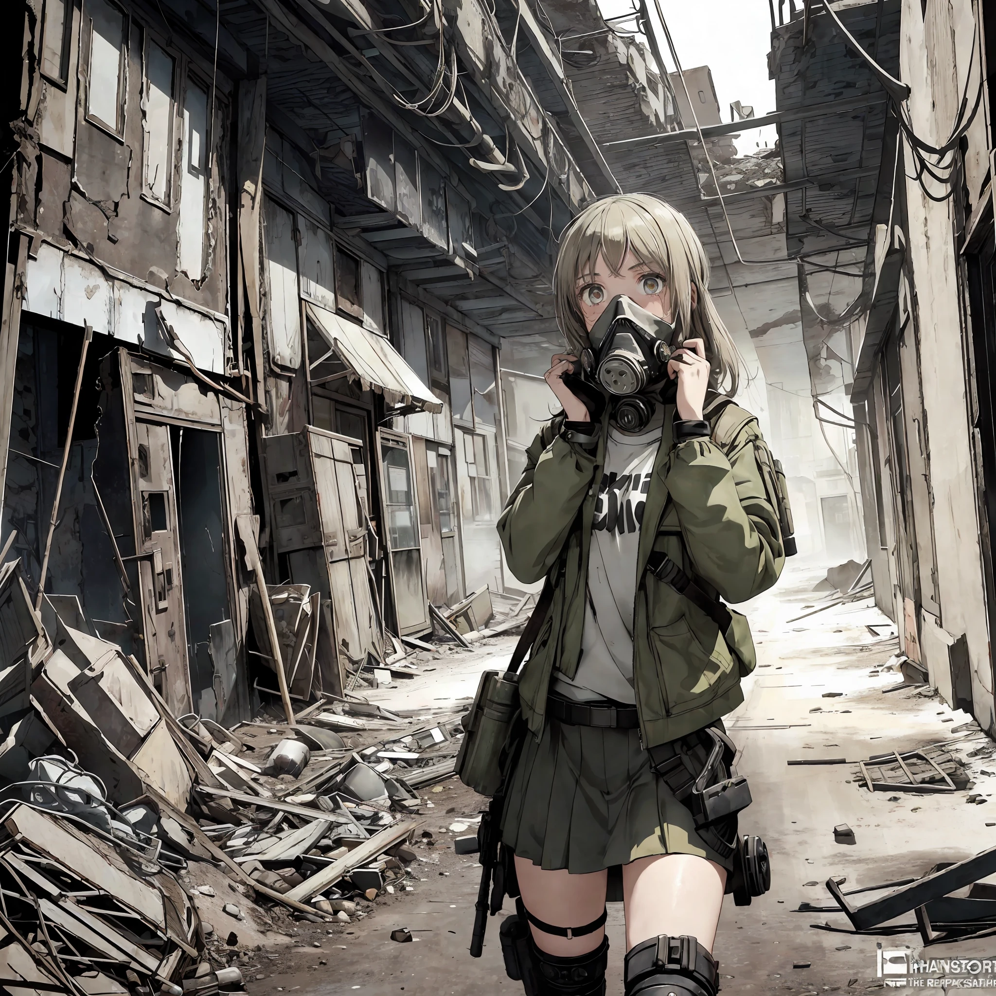highly detailed, Shadowvers style, masterpiece, best quality, 1girl, solo, slim, ((skirt over the head)), school, indoors, hands up, whole body, (((character from the post-apocalyptic world))), (character close to the viewer)))), ((character from the world of the post-apocalyptic world)), (medium chest))), ((beautiful simple anime eyes)), (the most frightened face)) ,(( in the background of surprised people), ( the wasteland is visible), (( in a gas mask mask))