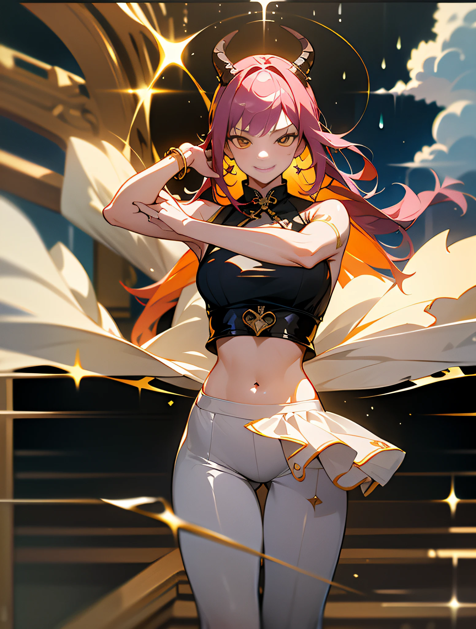 ((Cute Anime Girl)), ((Animation Style)), the head has horns, and the head has two red and yellow horns. The ends of the hair are curly. White transparent cheongsam. (wearing white transparent fabric cheongsam with opening on chest, best fabric material, 8k performance of fabric, rendering by calculation of physics engine):: 1.96. (high image quality, detailed CG art), (beautiful illumination and shadows, floating effect) (1 person) (shiny hair, blue hair: 1.2 + gray hair: 1.6), when the skin between the chest volume and the lower abdomen is moist, the dripping water and sweat drops slide down together, sexy and gorgeous, still photos convey a dynamic effect. The female body is beautiful, very sexy, attractive, full of seduction, and the transparent texture of the leggings is just right. My eyes lit up. ((low saturation)), ((oily skin)), ((water droplets on the skin)), (erotic)): 1.6. The body is moist and shiny, the body is moist and shiny, the body is moist and shiny, the breasts are large, the buttocks are large. ((masterpiece)), top quality, super detailed, very realistic, the whole body is wet, rained, all sweat beads are clearly visible. (Masterpiece:1.6), (Best Quality:1.5), Ultra High Definition,1 Girl, Very Detailed,8k, Beautiful, Detailed Eyes, View Viewer, Strong Dark Color, (Depth of Field), (Dynamic), (Epic), Sharp Focus, (Intricate Details: 1.86), Full Color, Nano, Bangs, Strapless, Belt, Gold striped transparent heart nipstick, blue sky, bracelet, breasts, (Orange Eyes: 1.72), bubbles, cleavage, clouds, daytime, earrings, flowing hair, blue transparent heart nipple sticker, groin, obvious vest line, jewelry, big, long hair, navel, orange hair, clear latex pants, shoulder tattoo, collarbone obvious, sky, smiling, single, standing, obscene tattoo on abdomen, nipple seals only on upper body, tattoos, pirate ship, (one piece), (strength: 1.4), (full body)), body wet and shiny,