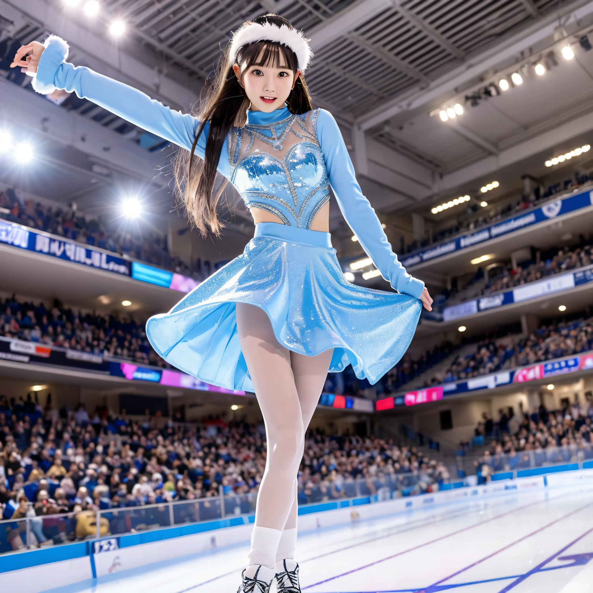 Real 16k, High Definition, Live Action, (Female Alone), Figure Skating, Long Legs, Light Blue Mini Skirt Costume, Skating Rink