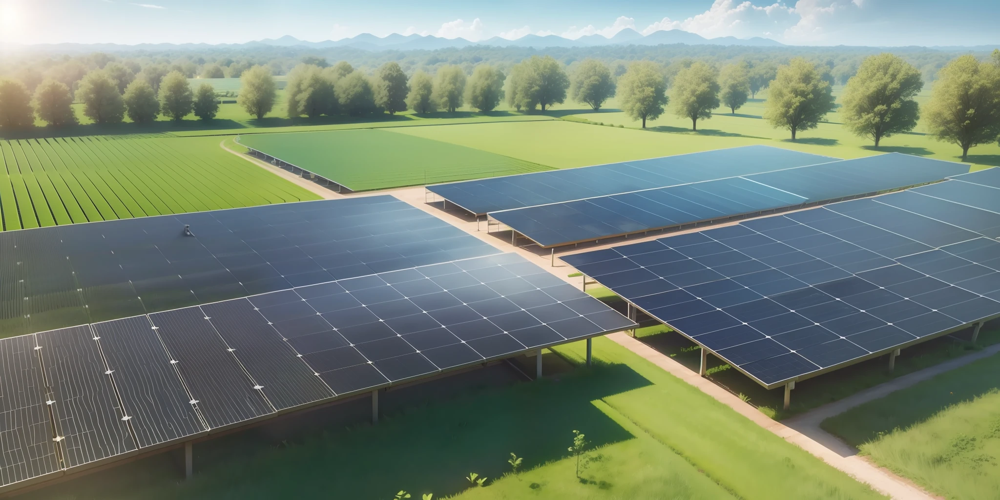photovoltaic plant with 300 panels in an open field with greens around, 3D, best quality 8K, realistic --auto --s2