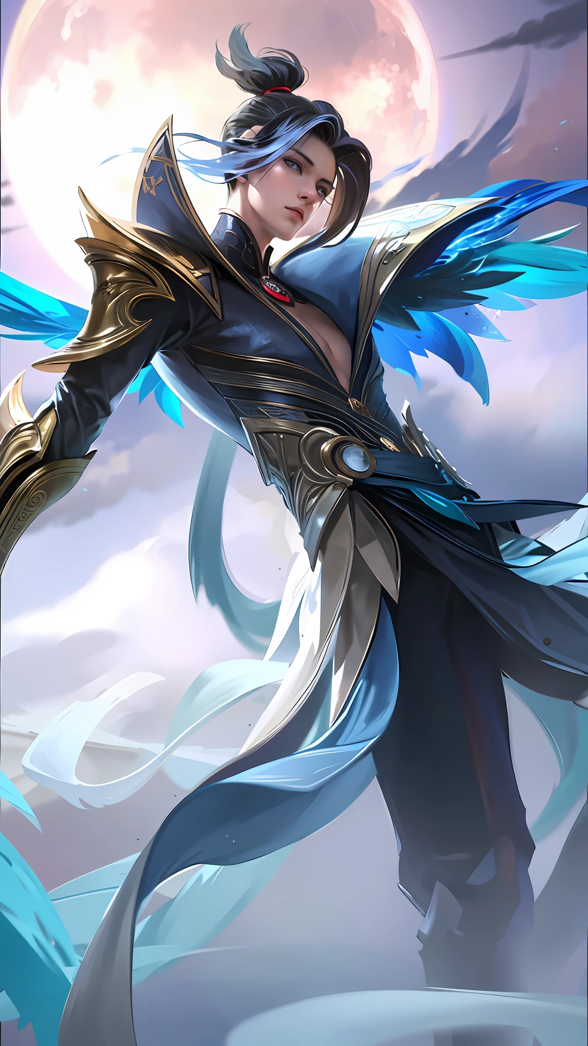 (masterpiece), (best quality), 8k, realistic, cinematic light, boy, (1 boy), solo, cool pose, battlefield background, perfect body, blue eyes, black hair