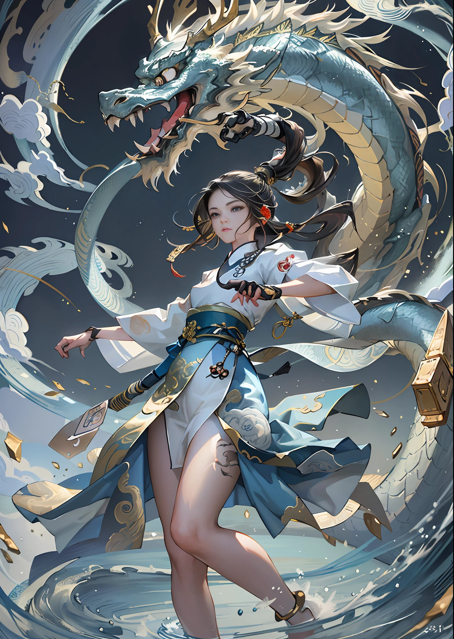 Masterpiece, ((best quality)), 1 girl, full body, hanfu, kunai, delicate face, beautiful eyes, black eyes, firm facial expression, long hair, flying hair, dynamic pose, combat, water, flowing smoke, (flowing ink: 1.3), interior, Chinese architecture, Chinese painting style, full body, gold pattern dress, masterpiece, high definition, extremely detailed wallpaper, perfect lighting, (very detailed CG: 1.2), painting, brush, Chinese dragon, (a drop of water), gold markers on clothes, depth of field, richer details,., above clouds, lightning, lightning background, masterpiece, best quality,