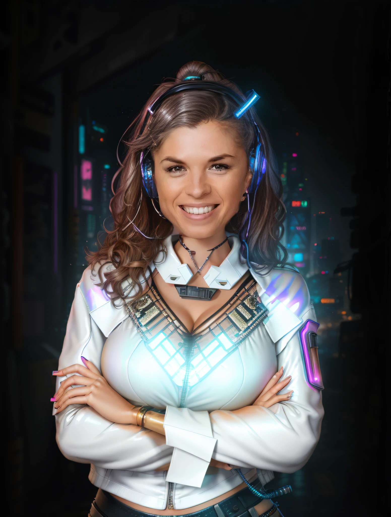 Best quality, realism, award-winning illustration, (complex detail: 1.2), (fine detail),
(complex detailing), (cinematic light, better quality lighting), clear lines, clear focus, official art, unity 8K wallpaper ' absurd, incredibly absurd, huge file size, ultra (in_main_street:1.21), (neon lamp), fantasy art, rtx, ((close-up photo of the triangle from an award-winning studio)), 1 girl, very beautiful, (shut up), beautiful figure, slim waist, ((Cyberpunk city Street, Battle Maiden, Katana, robot arm)), beautiful detailed, Perfect Face, (cyberpunk blouse, leather jacket), (headphones), ((pleated skirt)), (supermodel pose)