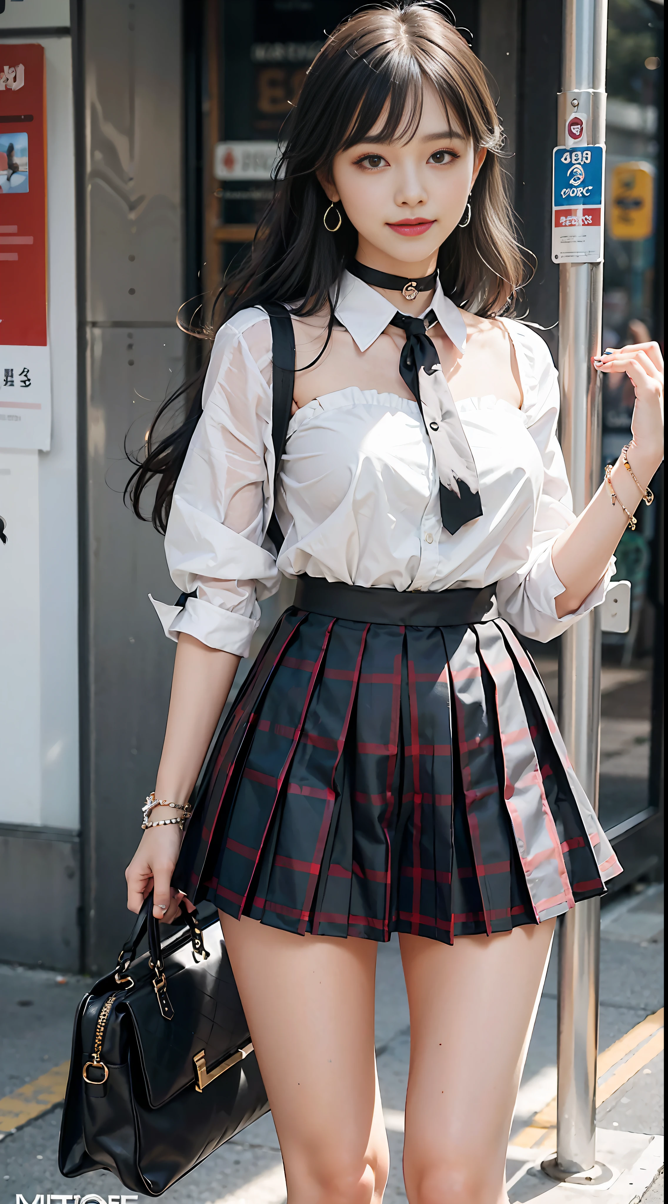 (school uniform, Magazine: 1.3,Masterpiece: 1.3, top quality: 1.2), full body, one woman, bangs, black choker, black tie, white hair, bracelets, chest, choker, clothes around waist, collarbone, collared shirt, cowboy shot, dress shirt, ear piercing, eyebrows showing through hair, gradient hair, grin, gal, jewelry, long hair, earrings, plaid skirt, pleated skirt, ring, smile, solo, white shirt, street, illustration, (Magazine: 1.3), (Cover Style: 1.3)
