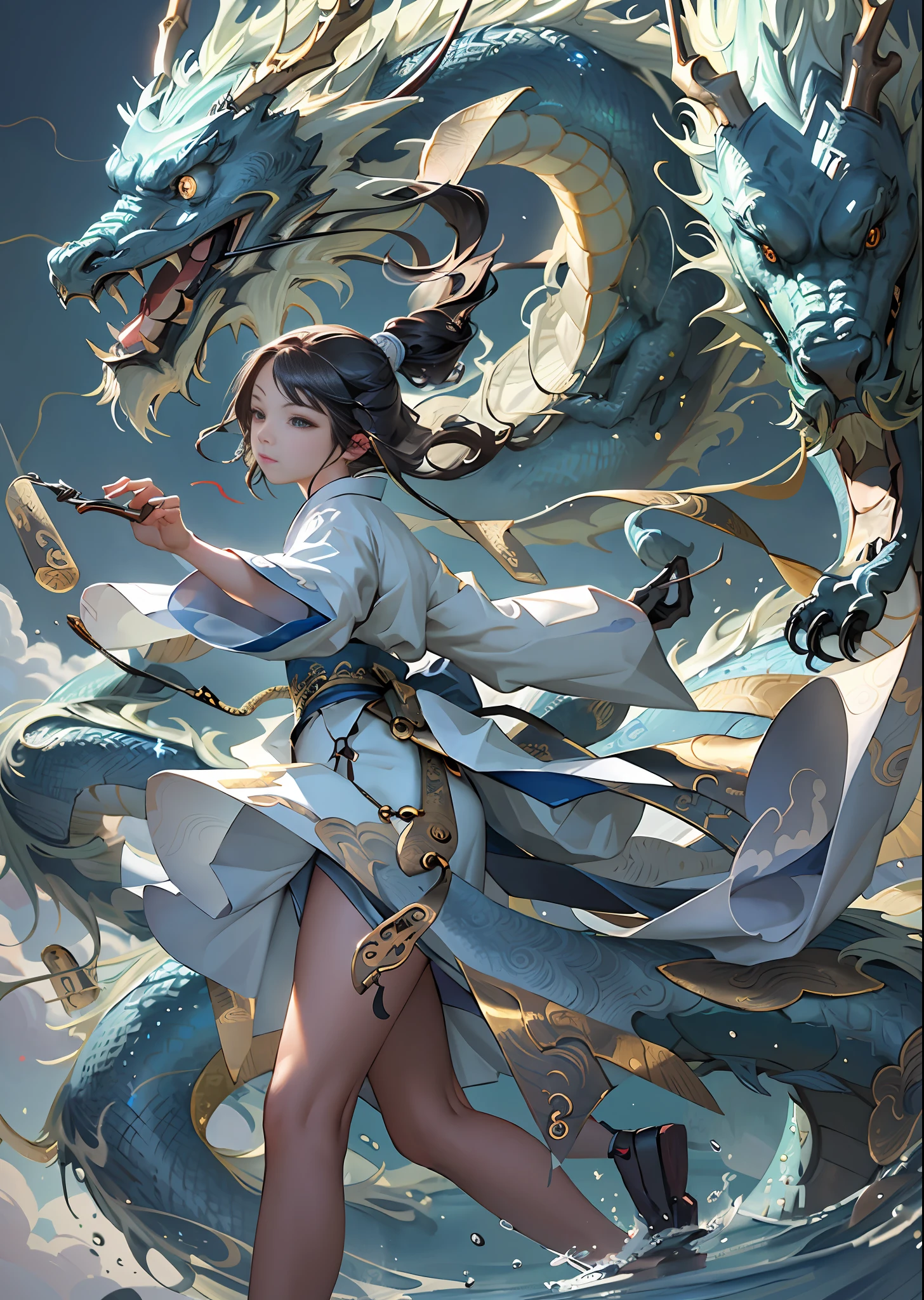 Masterpiece, ((best quality)), 1 girl, full body, hanfu, kunai, delicate face, beautiful eyes, black eyes, firm facial expression, long hair, flying hair, dynamic pose, combat, water, flowing smoke, (flowing ink: 1.3), interior, Chinese architecture, Chinese painting style, full body, gold pattern dress, masterpiece, high definition, extremely detailed wallpaper, perfect lighting, (very detailed CG: 1.2), painting, brush, Chinese dragon, (a drop of water), gold markers on clothes, depth of field, richer details,., above clouds, lightning, lightning background, masterpiece, best quality,