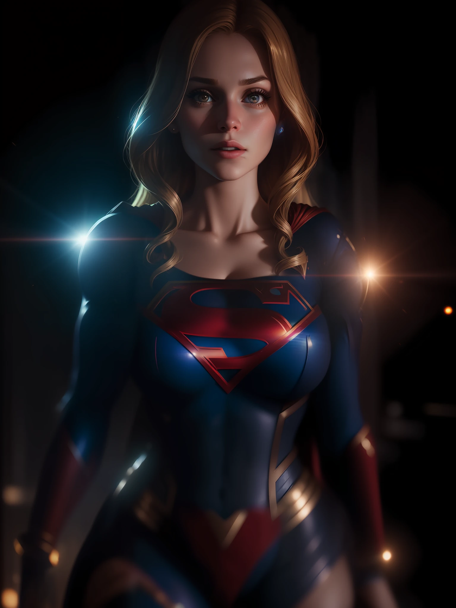 Scene from the movie, close-up shot of Sexy Supergirl from DC, big breasts, distorted space, distorted undead in the background, lens flares, light shafts, intricate details, highly detailed, volumetric lighting, 4k rendering, stock photo, hyper-realistic, realistic textures, dramatic lighting, Unreal Engine