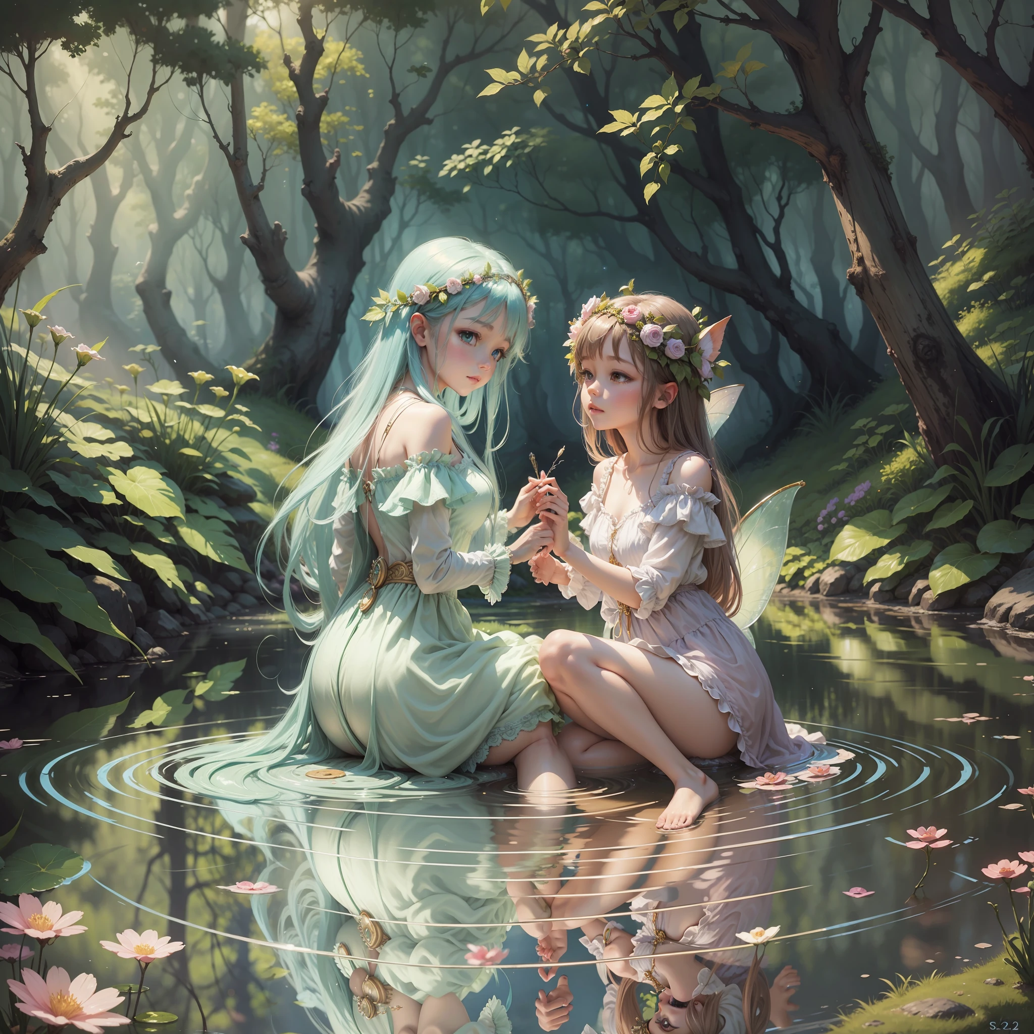 Dreamy atmosphere, fantasy, painting, fairies look at their reflections in the stream while sitting on their knees --auto --s2
