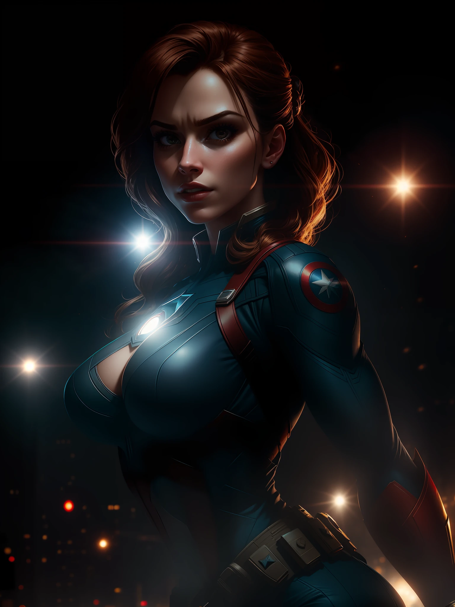 Scene from the movie, close-up shot of Sexy Woman dressed as Captain America from Marvel, distorted space, distorted undead in the background, lens flares, light shafts, intricate details, highly detailed, volumetric lighting, 4k rendering, stock photo, hyper-realistic, realistic textures, dramatic lighting, Unreal Engine