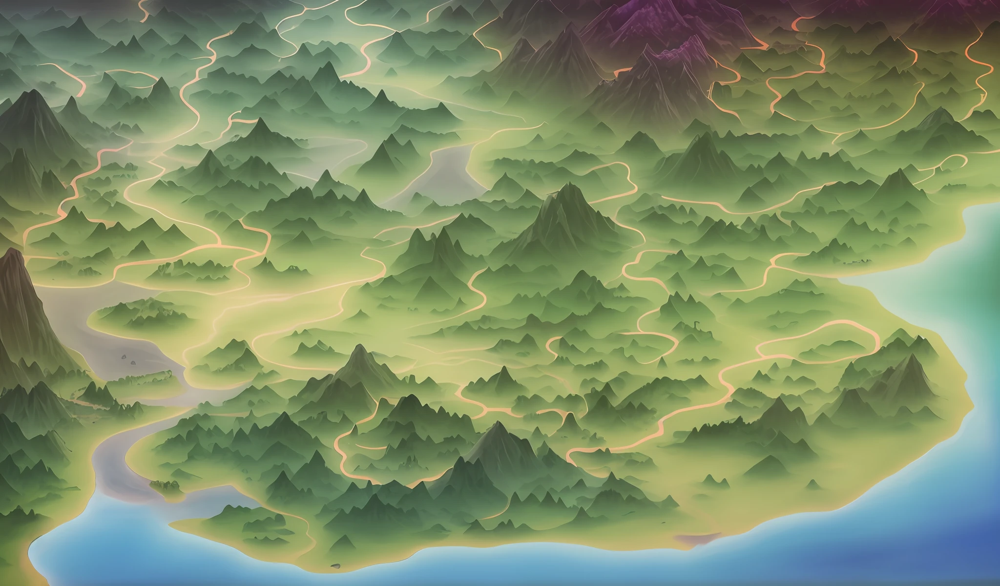 Mountain map closeup with river, isometric fantasy map, fractal landscape, mountainous area, detailed landscape — width 672, mountain terrain, mountain area, fantasy cartography, mountain background, game map mask painting, floating mountain, vast landscape, epic landscape, huge landscape!