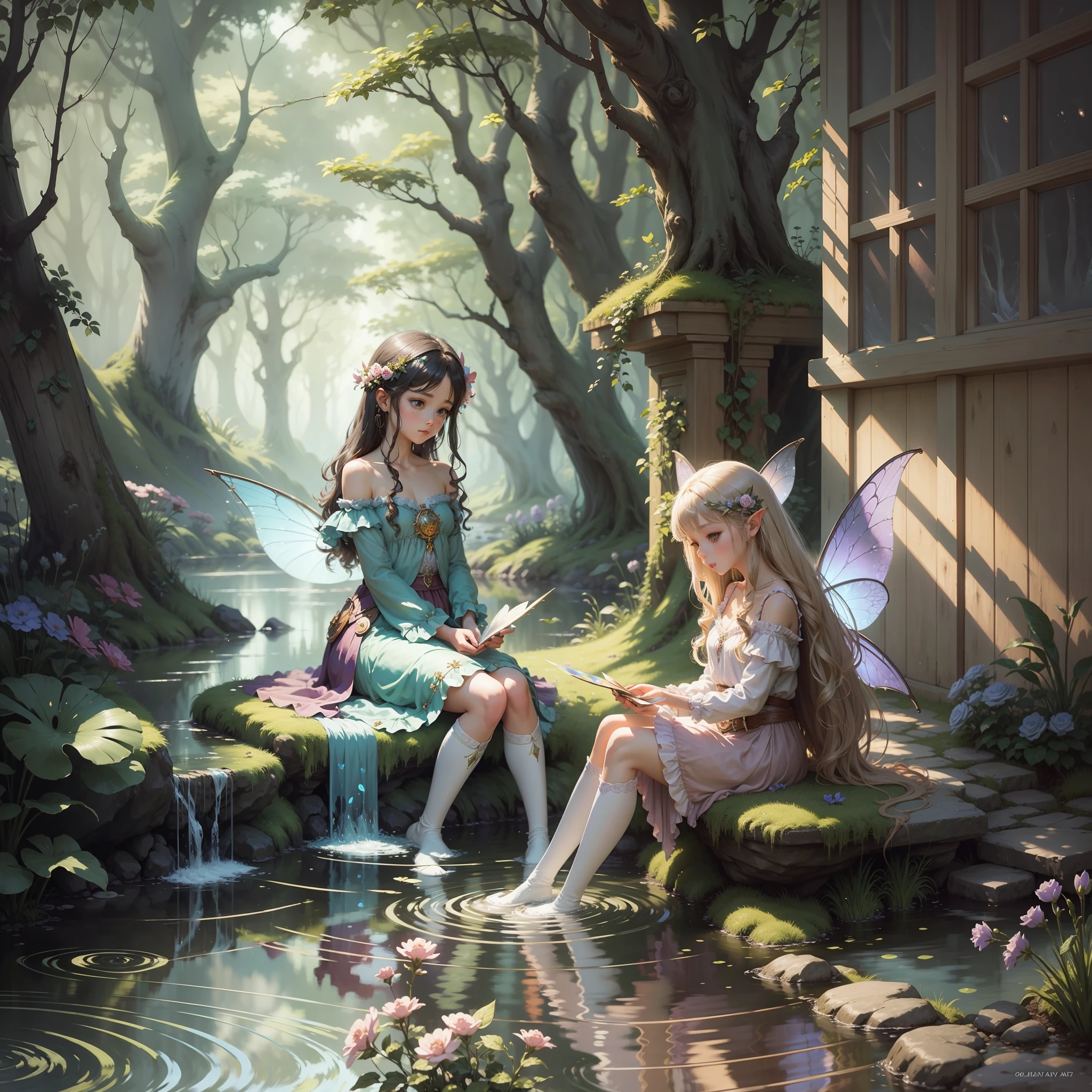 Dreamy atmosphere, fantasy, painting, fairies look at their reflections in the stream while sitting on their knees --auto --s2