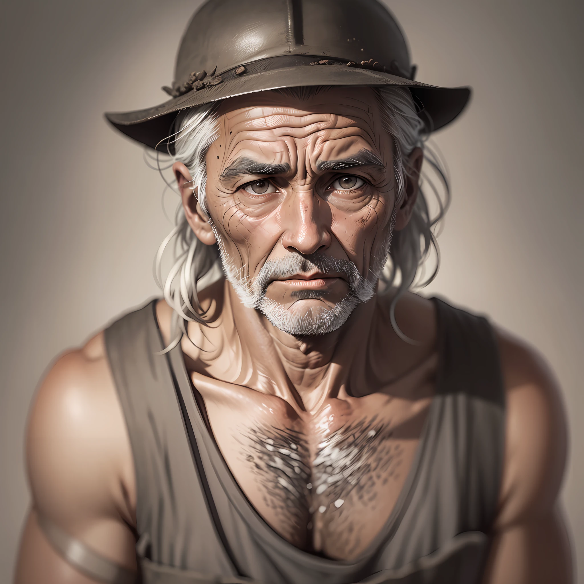 Develop a sepia illustration depicting an approximately 50-year-old coal miner. The focus of the image should be from the shoulder line. The charcoal tree should exhibit signs of old age, with deep wrinkles and creases all over the face, indicating a life of hard work. Your facial expression should convey grief, with tired and sad eyes, thick, graying eyebrows, a broad, rough nose, thin, chapped lips, and sunken cheeks. The charcoal should wear a dirty and worn work vest, with visible charcoal stains. The posture of the shoulders should be slightly curved, symbolizing the physical and emotional weight he carries. The image should evoke a sense of melancholy and convey the difficult life of the coal man. --auto --s2