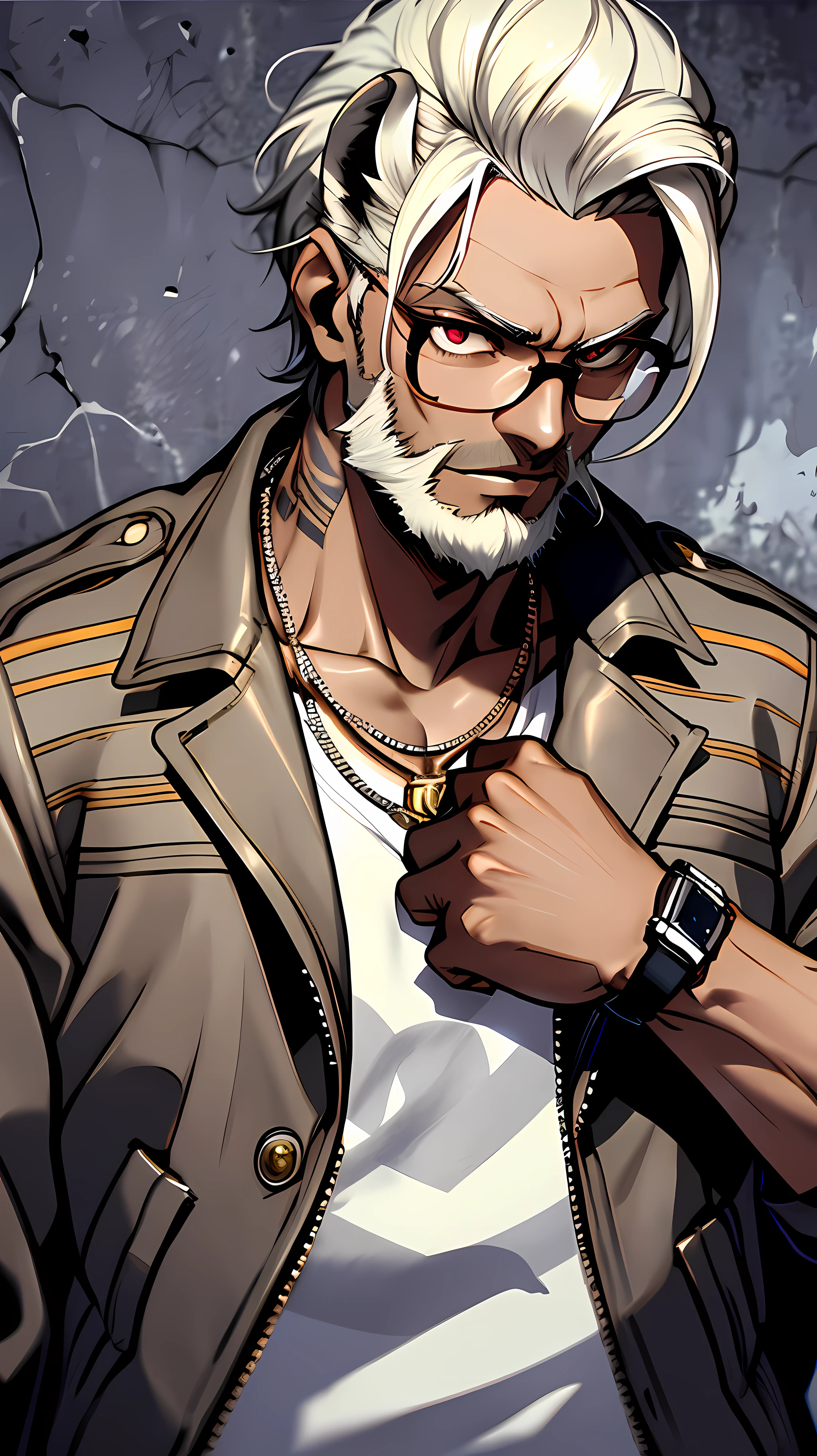 Color photo of a black male character with intricate details. He has dark skin and a muscular build, with an intense gaze that pierces through the camera lens. His hair is styled in a short, faded cut with a defined hairline. He has a small, well-groomed beard that frames his jawline. He is wearing a black leather jacket over a white t-shirt, with a silver chain necklace and a gold watch on his wrist. A tattoo of a lion's face can be seen on his left forearm. The background is a grungy, urban street with graffiti on the walls. The camera settings are a digital camera with a high aperture and a low ISO setting. The lens is a prime lens with a wide aperture.