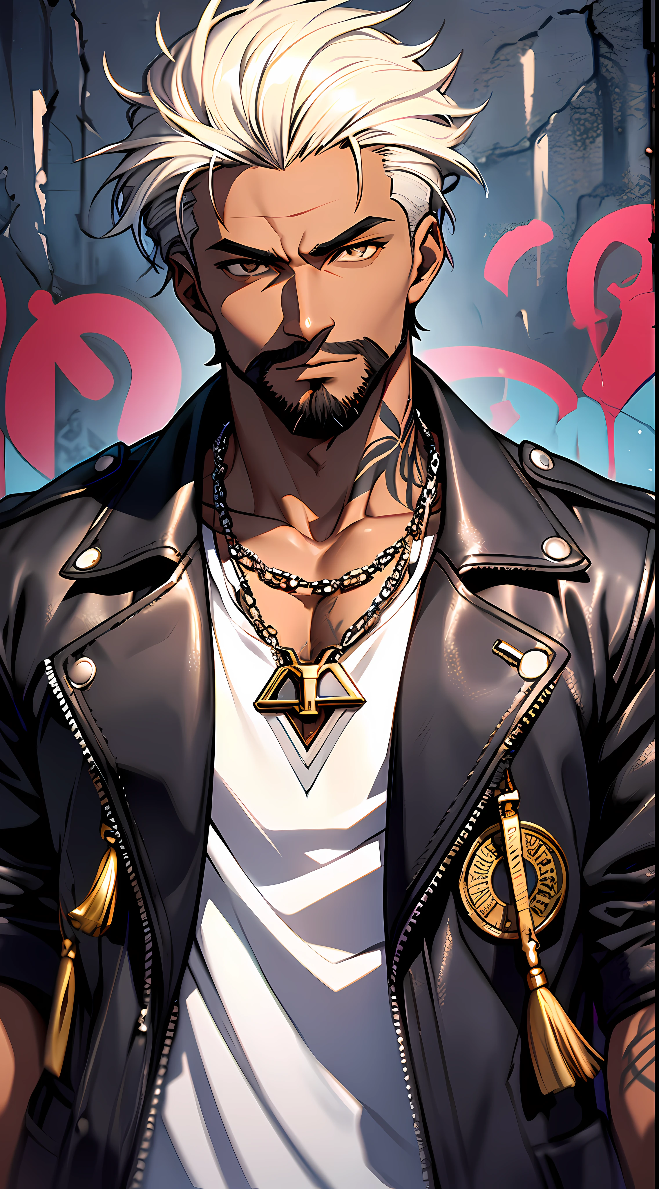 Color photo of a black male character with intricate details. He has dark skin and a muscular build, with an intense gaze that pierces through the camera lens. His hair is styled in a short, faded cut with a defined hairline. He has a small, well-groomed beard that frames his jawline. He is wearing a black leather jacket over a white t-shirt, with a silver chain necklace and a gold watch on his wrist. A tattoo of a lion's face can be seen on his left forearm. The background is a grungy, urban street with graffiti on the walls. The camera settings are a digital camera with a high aperture and a low ISO setting. The lens is a prime lens with a wide aperture.