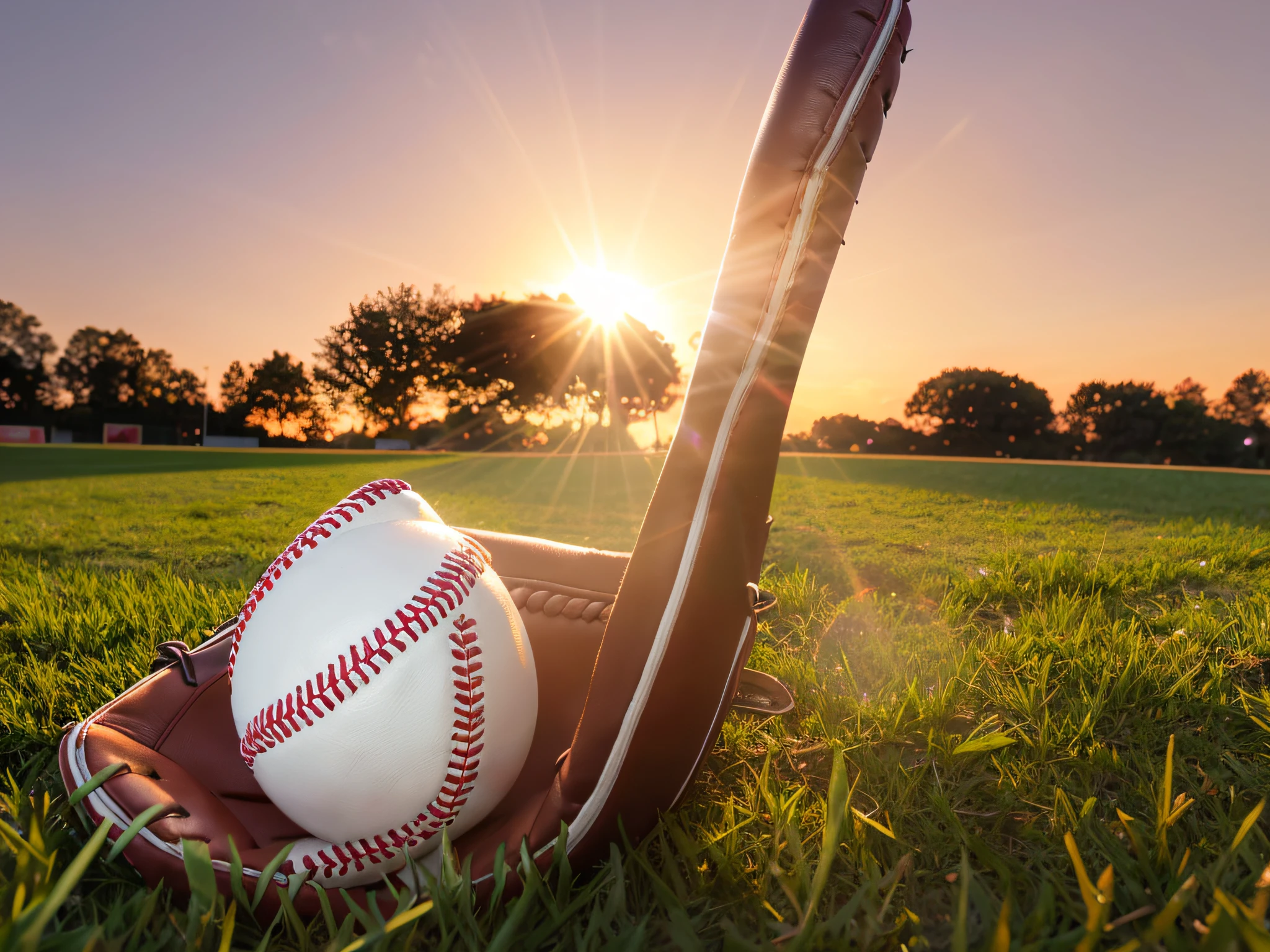 Baseball in glove in the lawn at sunset in the evening day with sun ray and lens flare light --auto --s2
