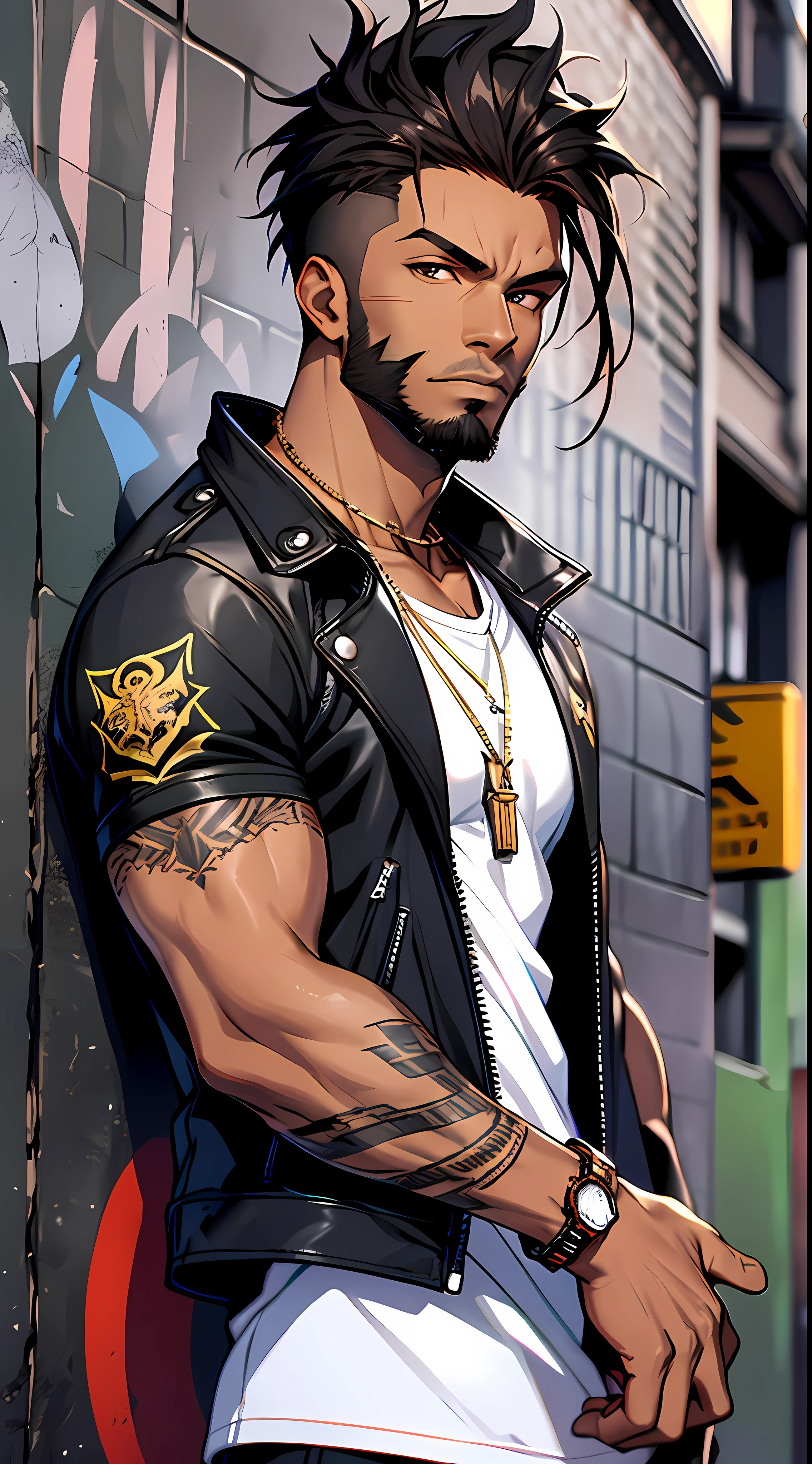 Color photo of a black male character with intricate details. He has dark skin and a muscular build, with an intense gaze that pierces through the camera lens. His hair is styled in a short, faded cut with a defined hairline. He has a small, well-groomed beard that frames his jawline. He is wearing a black leather jacket over a white t-shirt, with a silver chain necklace and a gold watch on his wrist. A tattoo of a lion's face can be seen on his left forearm. The background is a grungy, urban street with graffiti on the walls. The camera settings are a digital camera with a high aperture and a low ISO setting. The lens is a prime lens with a wide aperture.