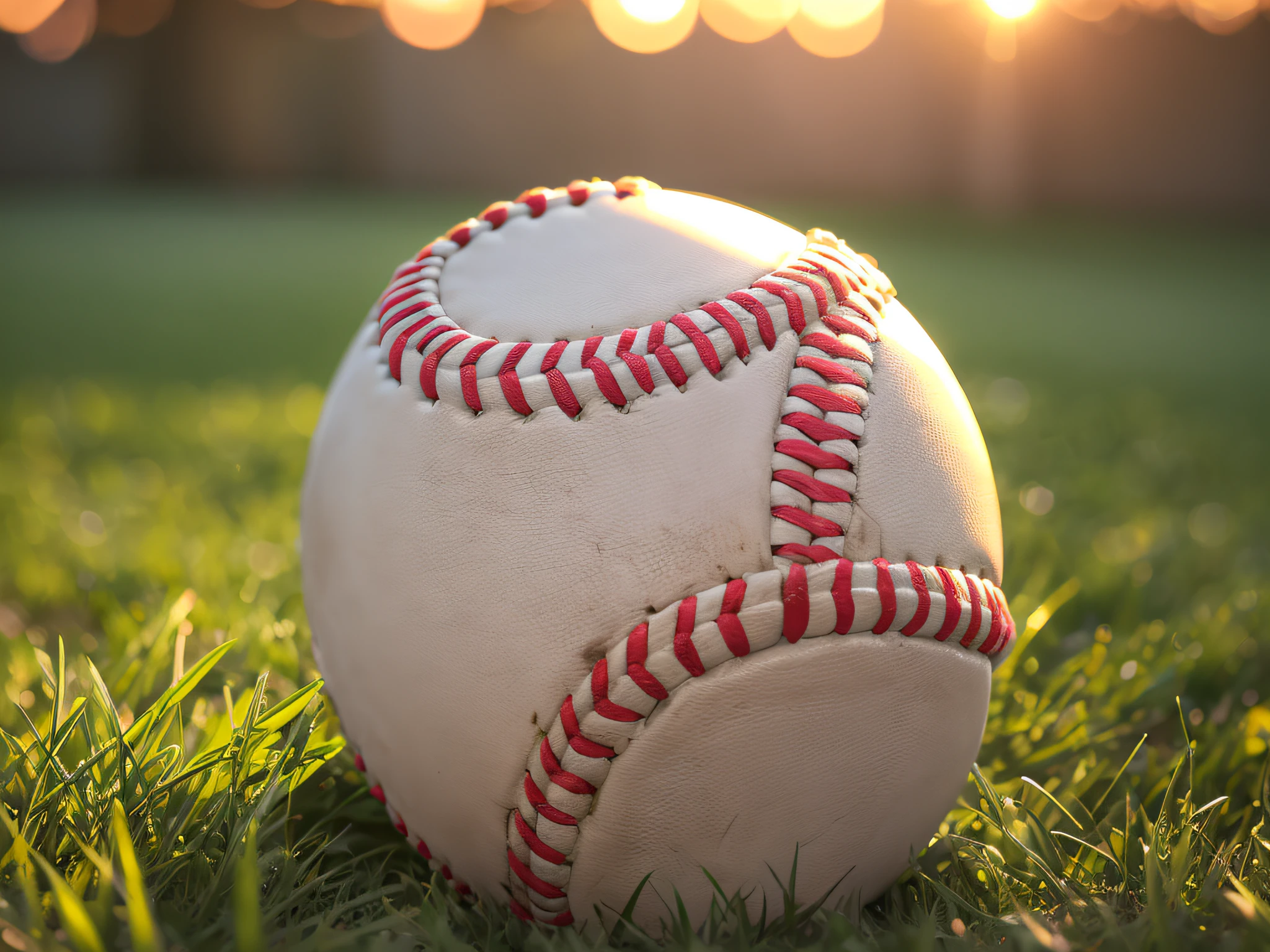 Baseball in glove in the lawn at sunset in the evening day with sun ray and lens flare light --auto --s2