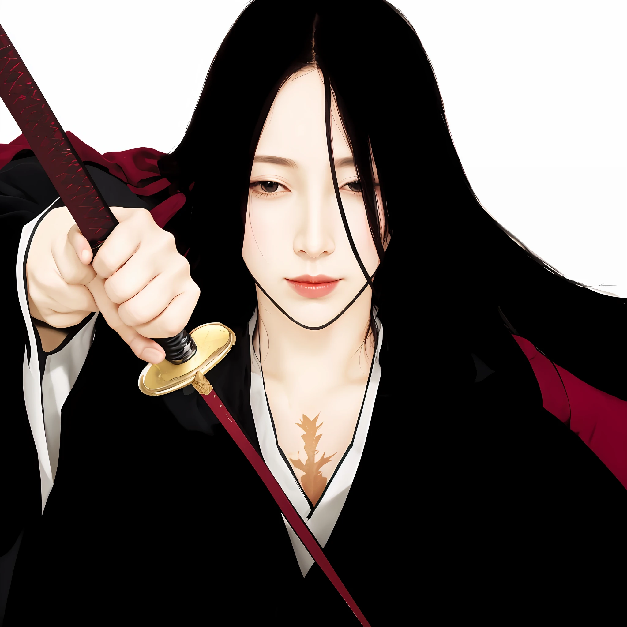 A mature woman, half-closed eyes, powerful aura, expressionless, holding a bloody katana in her right hand, no left hand, scar above her chest, black background