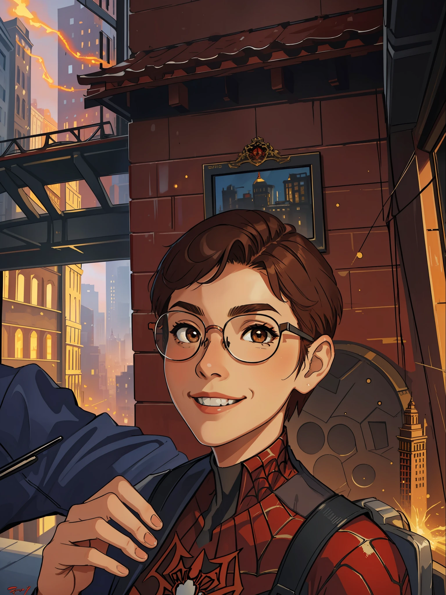 (masterpiece, best quality), intricate details, 8k, artstation, wallpaper, official art, splash art, sharp focus,
1girl, short shaved hair, brown eyes, short dark red light brown hair 
 spider suit, spider web print, spider web, round glasses, smiling
skyscrapers, city, buildings, cars, street,