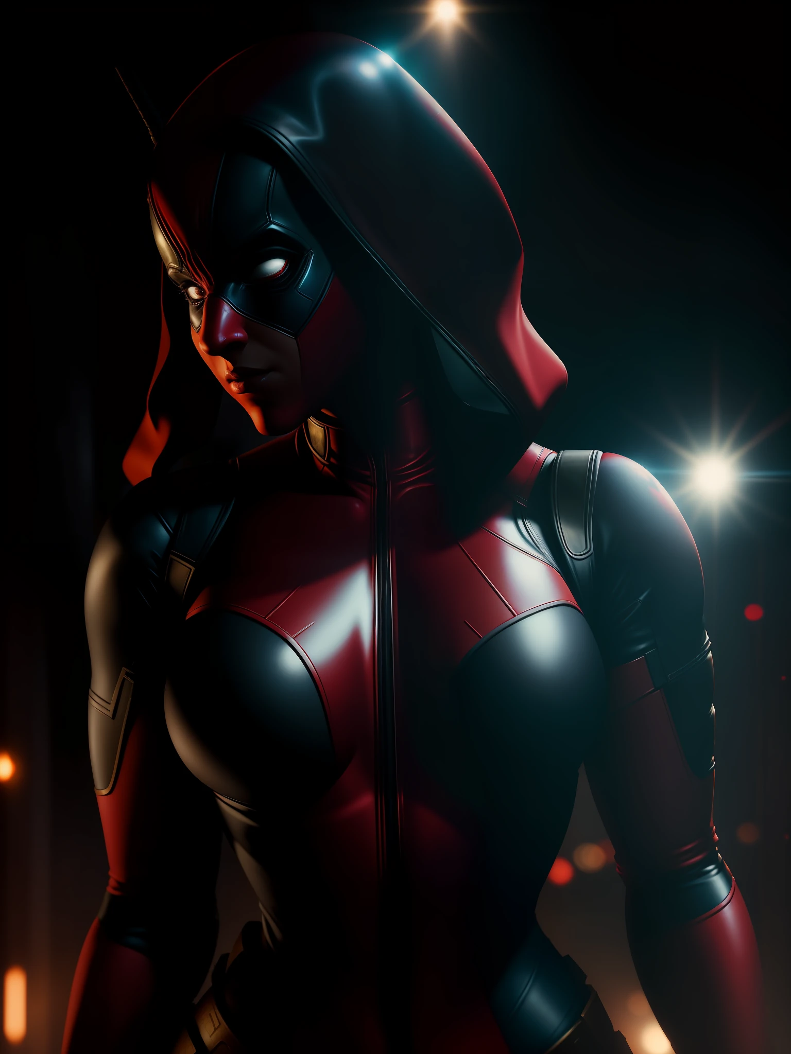 Movie scene, close-up shot of Sexy Woman dressed as Deadpool from Marvel, distorted space, distorted undead in the background, lens flares, light shafts, intricate details, highly detailed, volumetric lighting, 4k rendering, stock photo, hyperrealistic, realistic textures, dramatic lighting, Unreal Engine