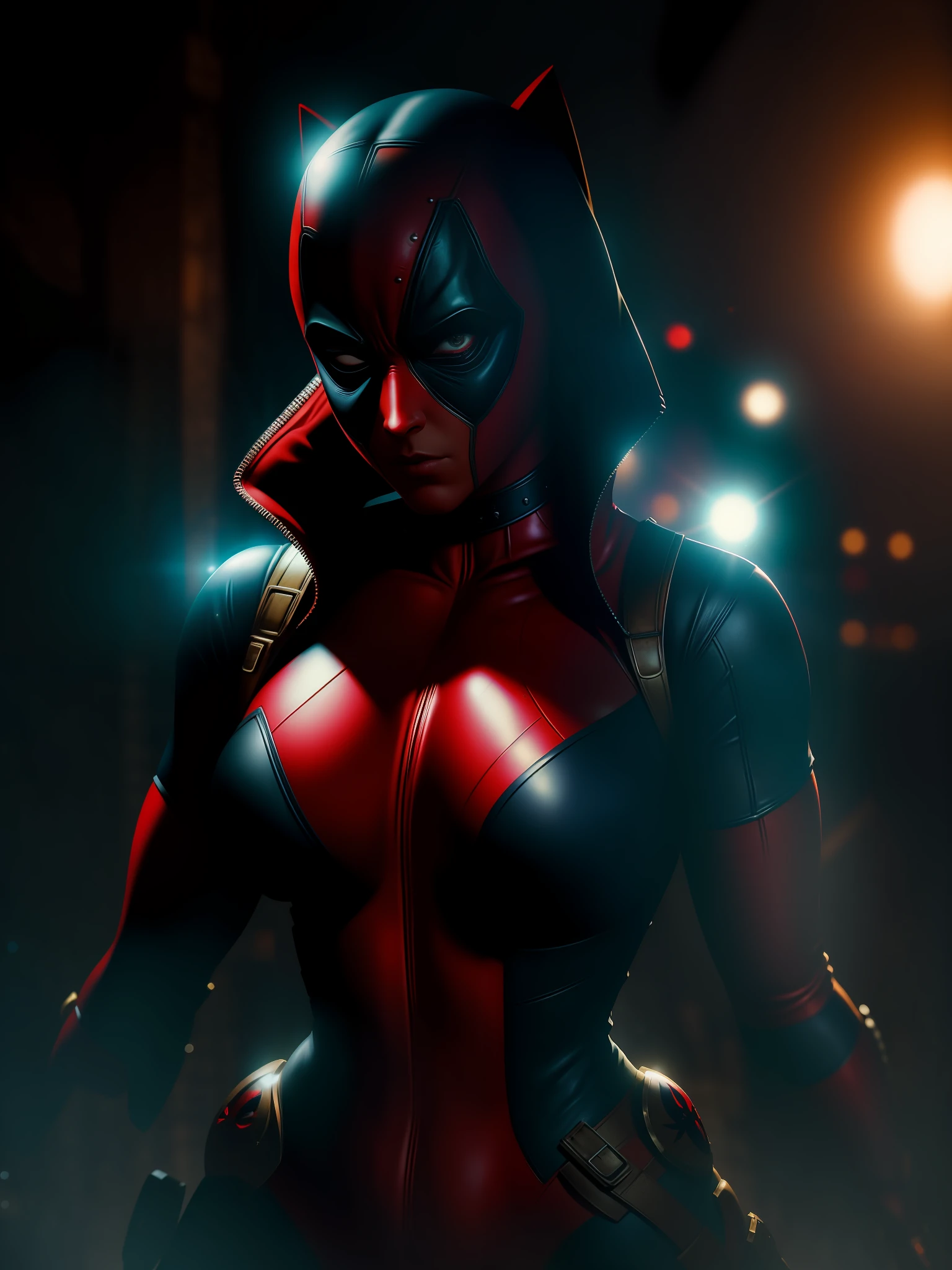 Movie scene, close-up shot of Sexy Woman dressed as Deadpool from Marvel, distorted space, distorted undead in the background, lens flares, light shafts, intricate details, highly detailed, volumetric lighting, 4k rendering, stock photo, hyperrealistic, realistic textures, dramatic lighting, Unreal Engine