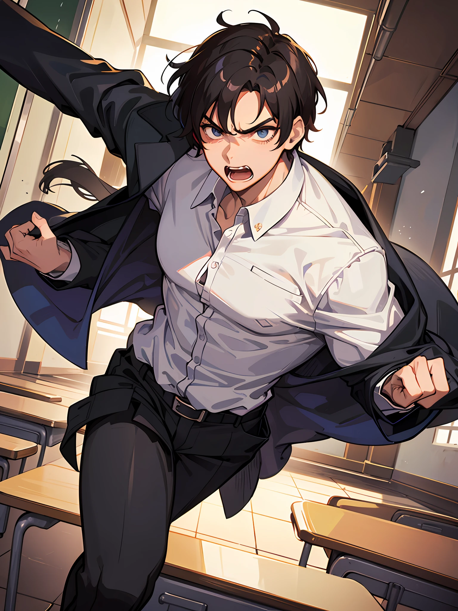 The artwork depicts a young man in a school uniform with his mouth wide open and a classroom in the background. The whole picture creates an atmosphere of young handsome but angry and angry, which makes people feel uneasy and nervous. The young man seemed angry, and his anger and dissatisfaction and wide open mouth made people nervous and frightened