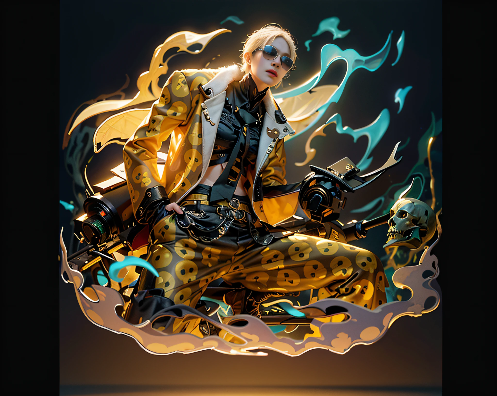 ((Best Quality, 8K, Masterpiece :1.3)), Full Body, Long Legs, Sharp Focus :1.2, A Beautiful Woman with Perfect Body :1.4, Slim Abs :1.1, (( Short Yellow Hair, Huge Breasts :0.8)), (Black Clothes, Skull Pattern), (Black Pants, Skull Pattern), Highly Detailed Face and Skin Texture, Brown Eyes, Beautiful and Detailed Eyes, Double Eyelids, Professional Lighting, Photon Mapping, Light Energy Transfer, Physically Based Rendering, (Pale Skin :1.2), Brightening, Shun-chan, Ghost, Bat, Orange Sunglasses