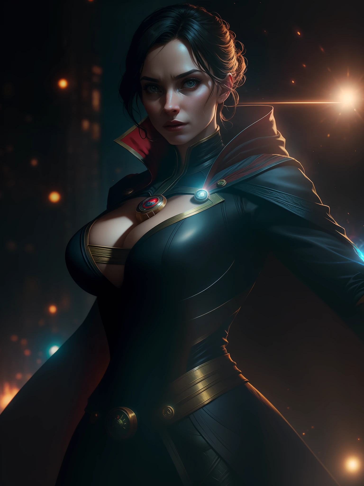 Scene from the movie, close-up shot of Sexy Woman dressed as Doctor Strange from Marvel, distorted space, distorted undead in the background, lens flares, light shafts, intricate details, highly detailed, volumetric lighting, 4k rendering, stock photo, hyper-realistic, realistic textures, dramatic lighting, Unreal Engine