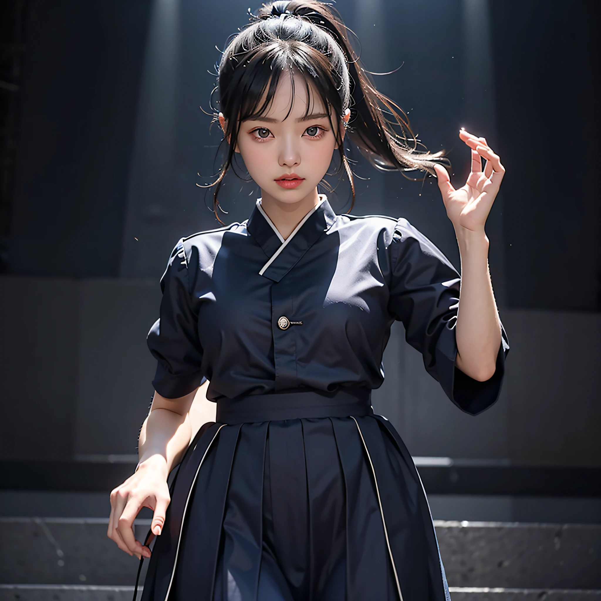 "Idol: 1.2, high quality, realistic, 1 girl with cute moe face, "ponytail", bangs, black hair, oriental, long eyes, 8 heads, model figure, Asian beauty, bright eyes, upward appearance, long skirt, dark blue uniform, military, stage lighting"