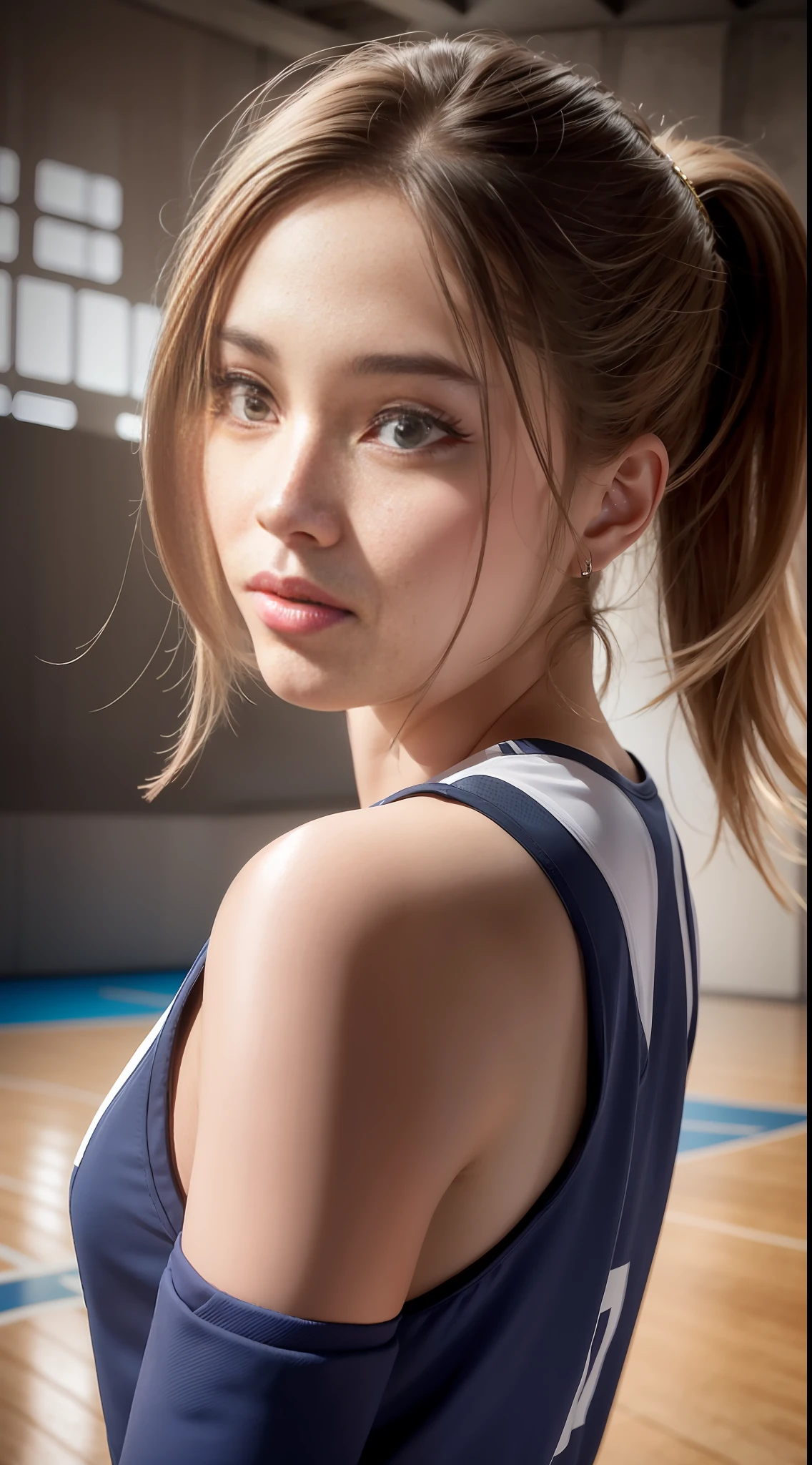 A beautiful girl on basketball court, backlit, surreal, UHD, textured skin, 8k, best quality