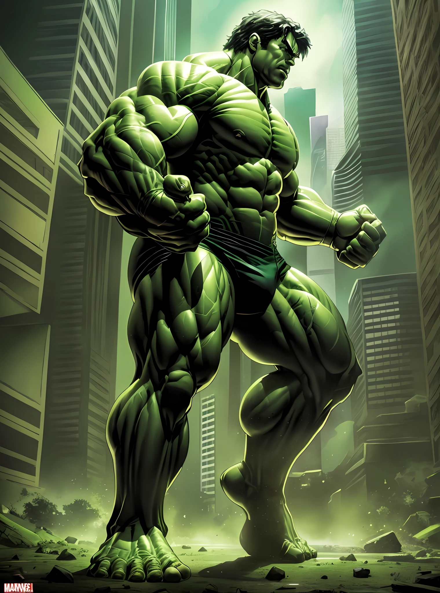 Marvel comics, ultra-realistic full body of a Hulk, dark green skin color, imposing posture, defined muscles, soft lighting and soft details that emphasize its power and complexity.