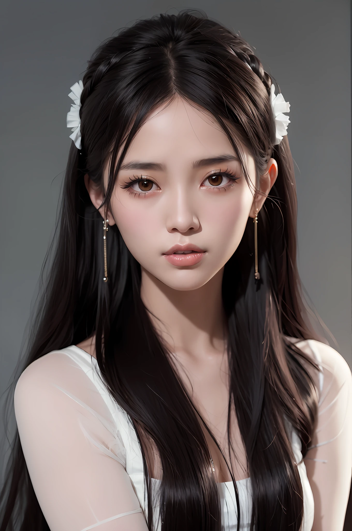 arafed woman with long black hair wearing a white dress and earrings, young adorable korean face, korean girl, soft portrait shot 8 k, artwork in the style of guweiz, realistic. cheng yi, popular south korean makeup, popular korean makeup, yanjun chengt, ulzzang, beautiful south korean woman, inspired by Yanjun Cheng