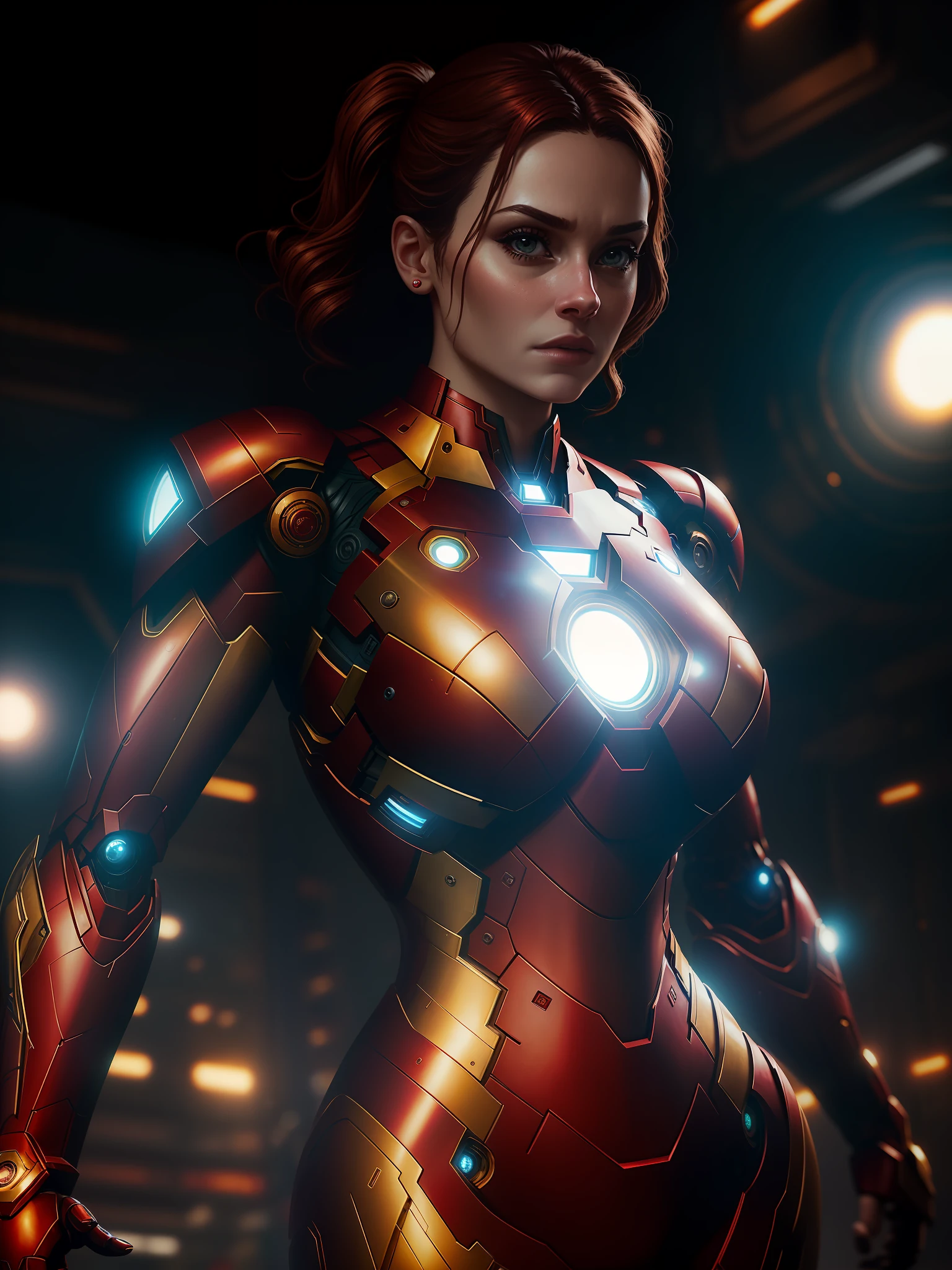 Scene from the movie, close-up shot of Sexy Woman dressed as Iron Man from Marvel, distorted space, distorted undead in the background, lens flares, light shafts, intricate details, high detailed, volumetric lighting, 4k rendering, stock photo, hyperrealistic, realistic textures, dramatic lighting, Unreal Engine