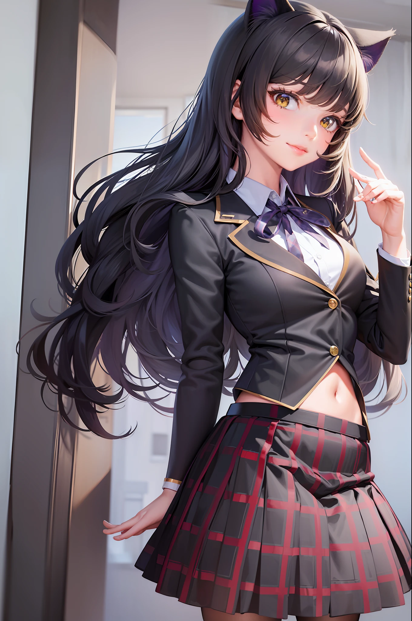 (masterpiece, best quality: 1.2), solo, 1 girl, blake belladonna, easy smile, closed mouth, looks at the viewer, cat ears, school uniform, black blazer, neck ribbon, plaid skirt, tights, wide hips