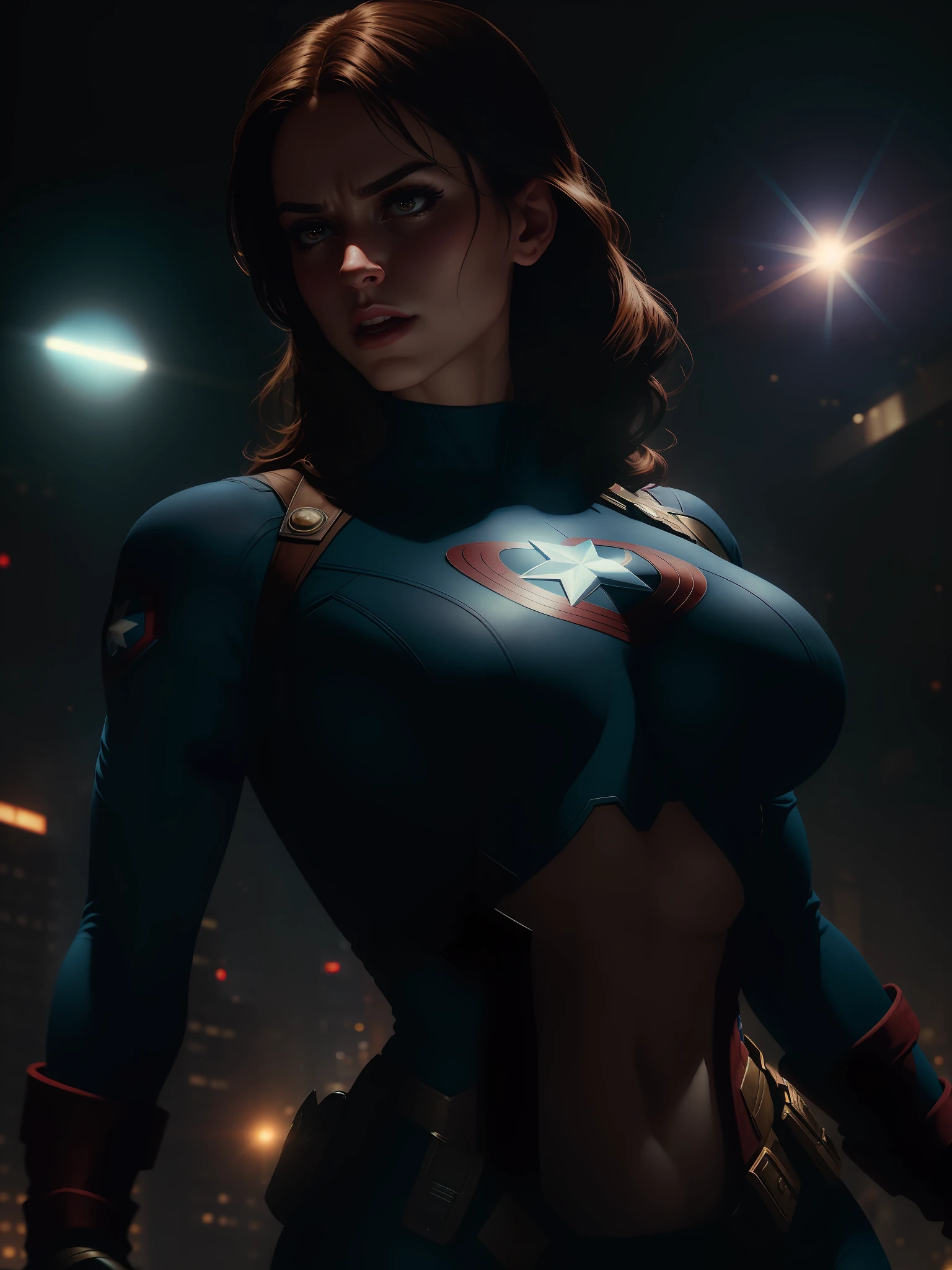 Scene from the movie, close-up shot of Sexy Woman dressed as Captain America from Marvel, big breasts, distorted space, distorted undead in the background, lens flares, light shafts, intricate details, highly detailed, volumetric lighting, 4k rendering, stock photo, hyper-realistic, realistic textures, dramatic lighting, Unreal Engine