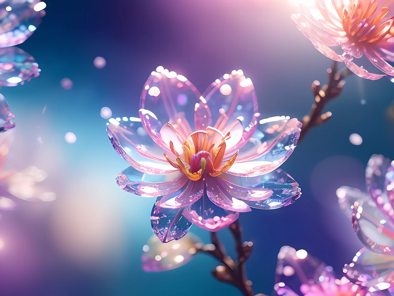 crystal spring blossom,
fantasy, galaxy, transparent,
shimmering, sparkling, splendid, colorful,
magical photography, dramatic lighting, photo realism, ultra-detailed, 4k, Depth of field, High-resolution