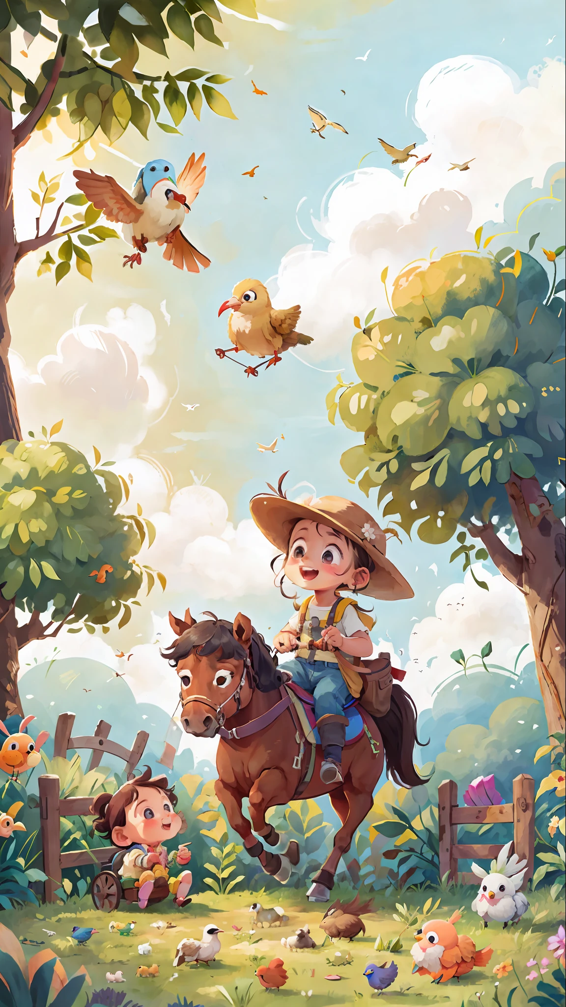 Poster making, Children's Day, in the farm, a little girl riding a horse, happy, birds in sky,happy --v 6