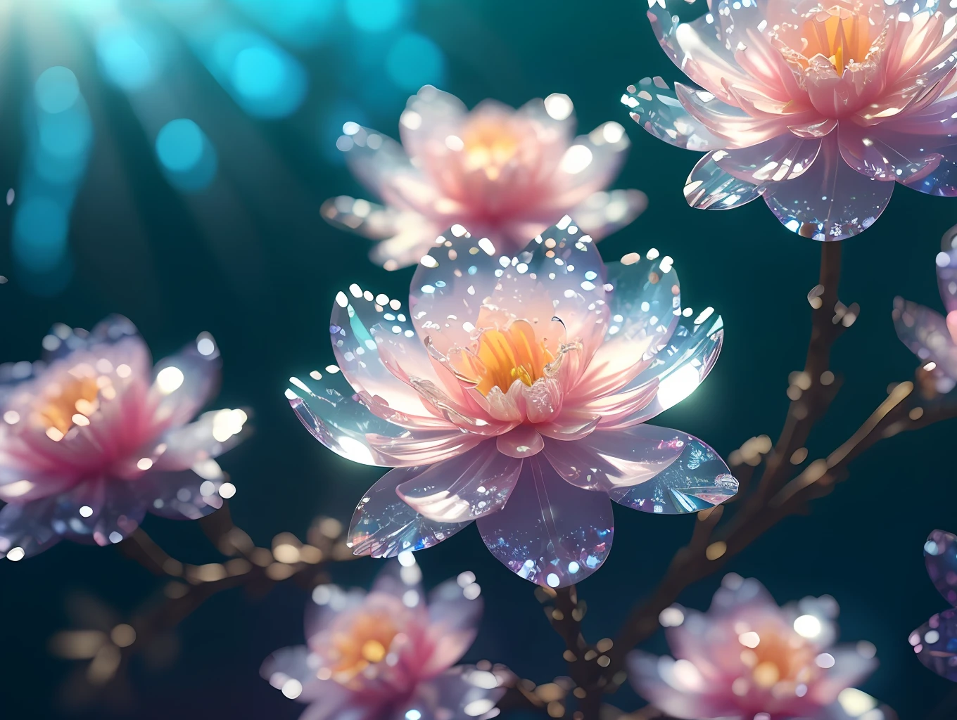crystal spring blossom,
fantasy, galaxy, transparent,
shimmering, sparkling, splendid, colorful,
magical photography, dramatic lighting, photo realism, ultra-detailed, 4k, Depth of field, High-resolution